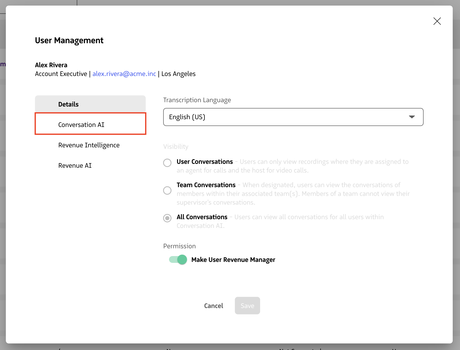User settings modal