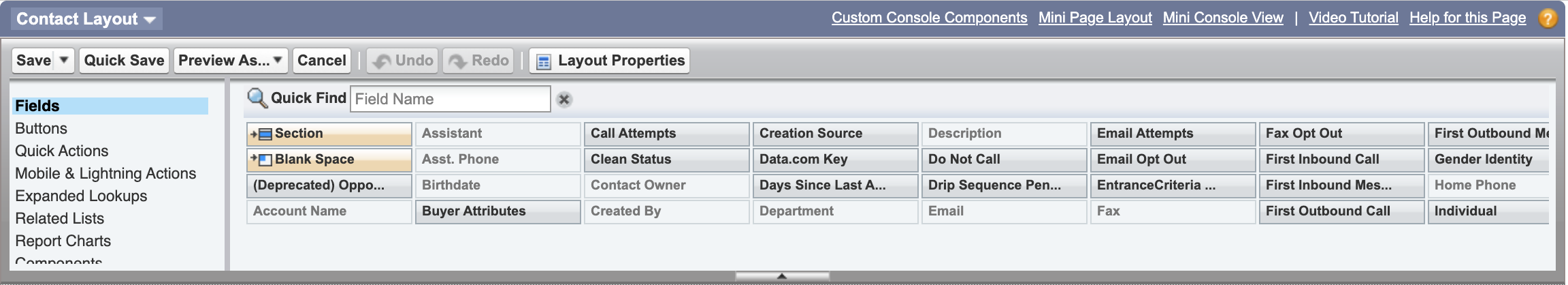 The page layout editor with the Fields section on the left; the Contact object components list is visible.