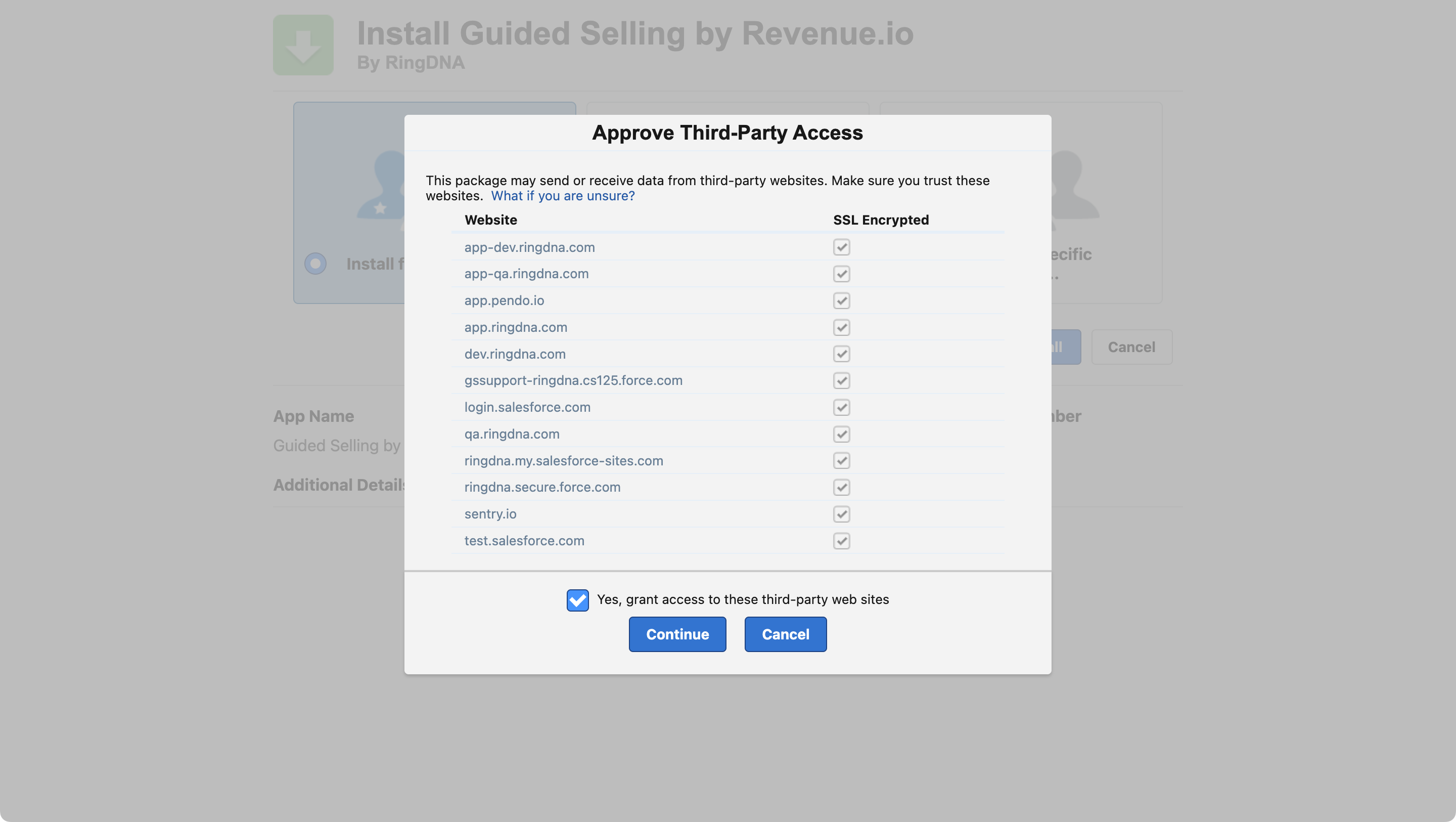 Salesforce third-party access approval window showing the request for Guided Selling to access the organization's data and settings, with options to approve or deny the access.