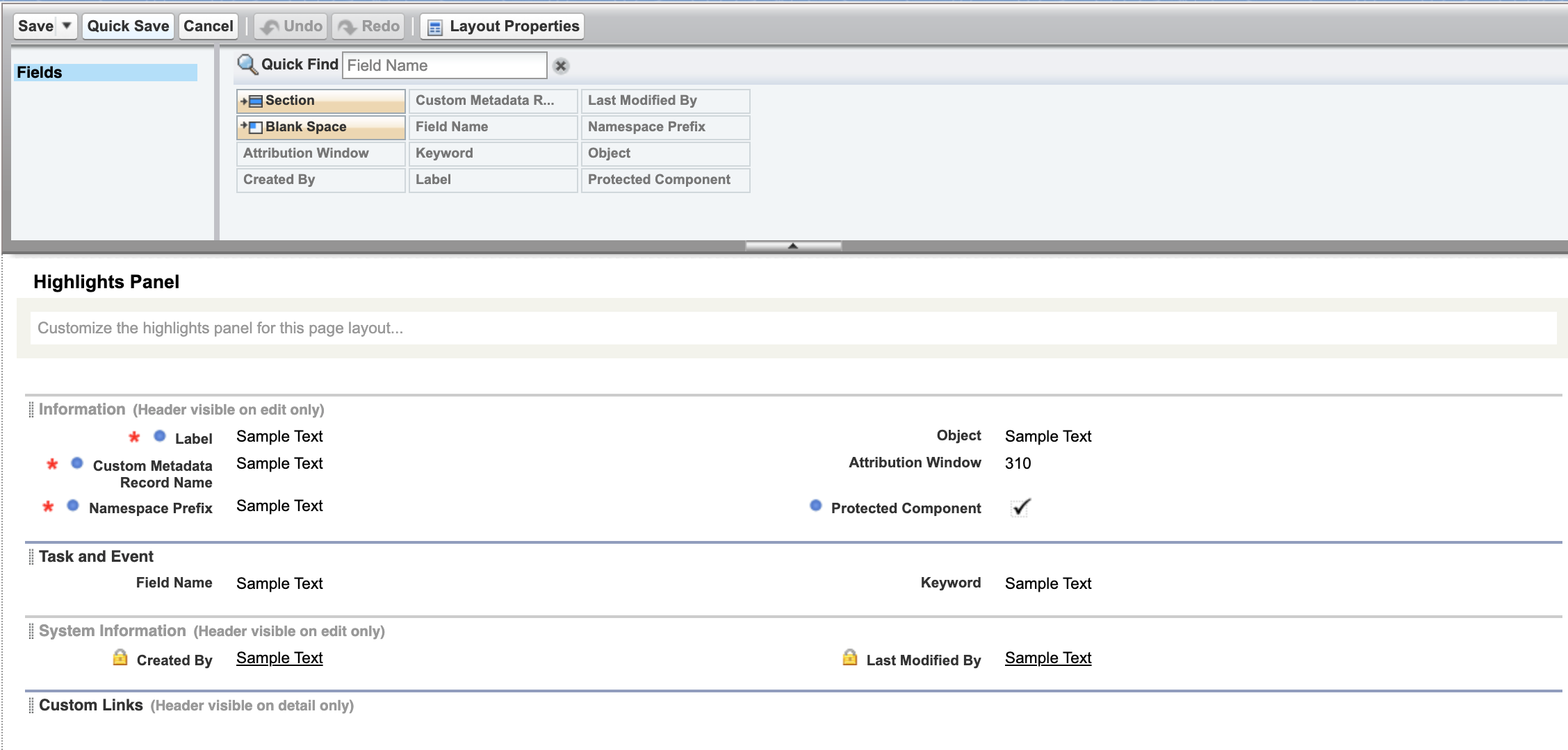 The Sequence Attribution Event page layout editor showing all available fields being added to the layout.