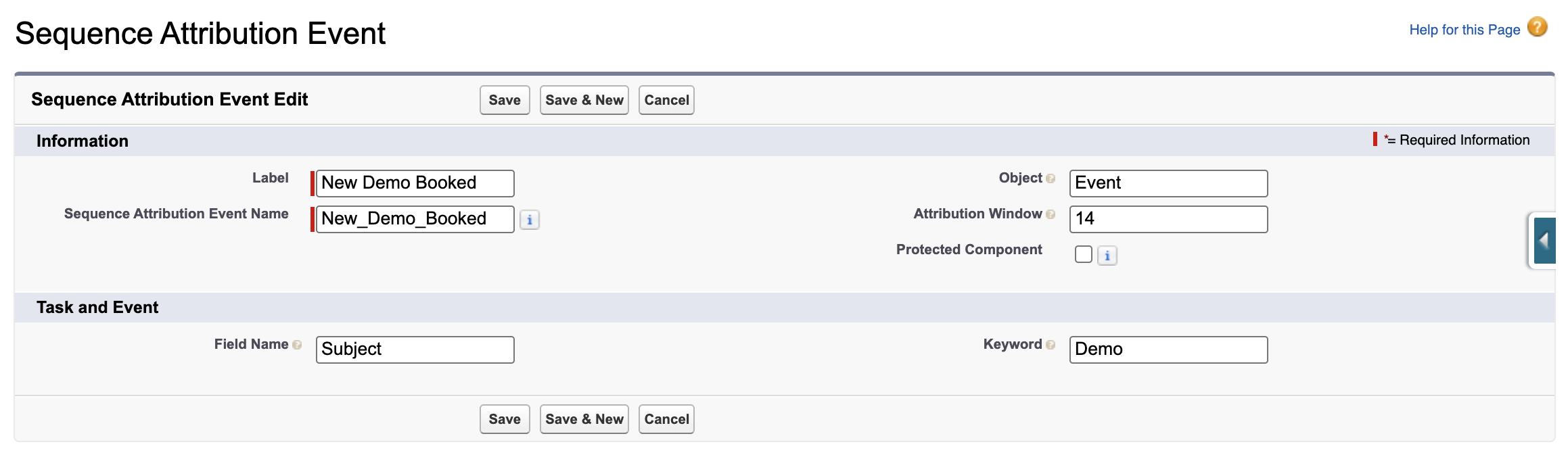 An example Sequence Attribution Event configuration showing Event Creation with a 14-day attribution window and Subject field containing 'Demo'.