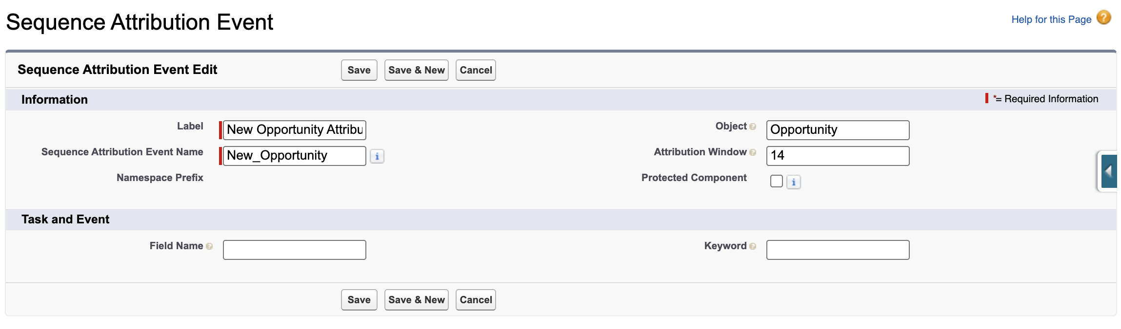 An example Sequence Attribution Event configuration showing Opportunity Creation with a 14-day attribution window.