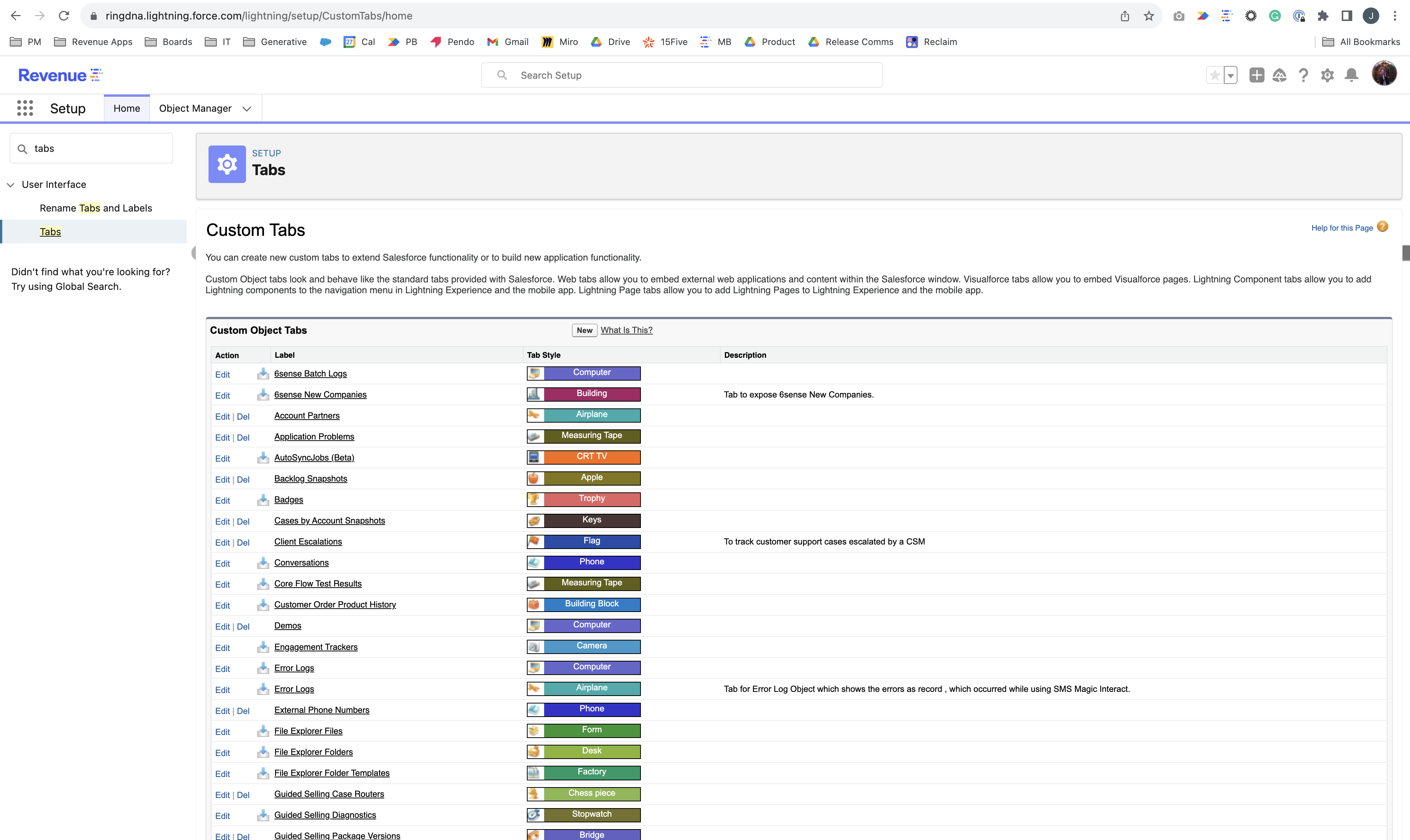 The Tabs page in Setup showing the New button.