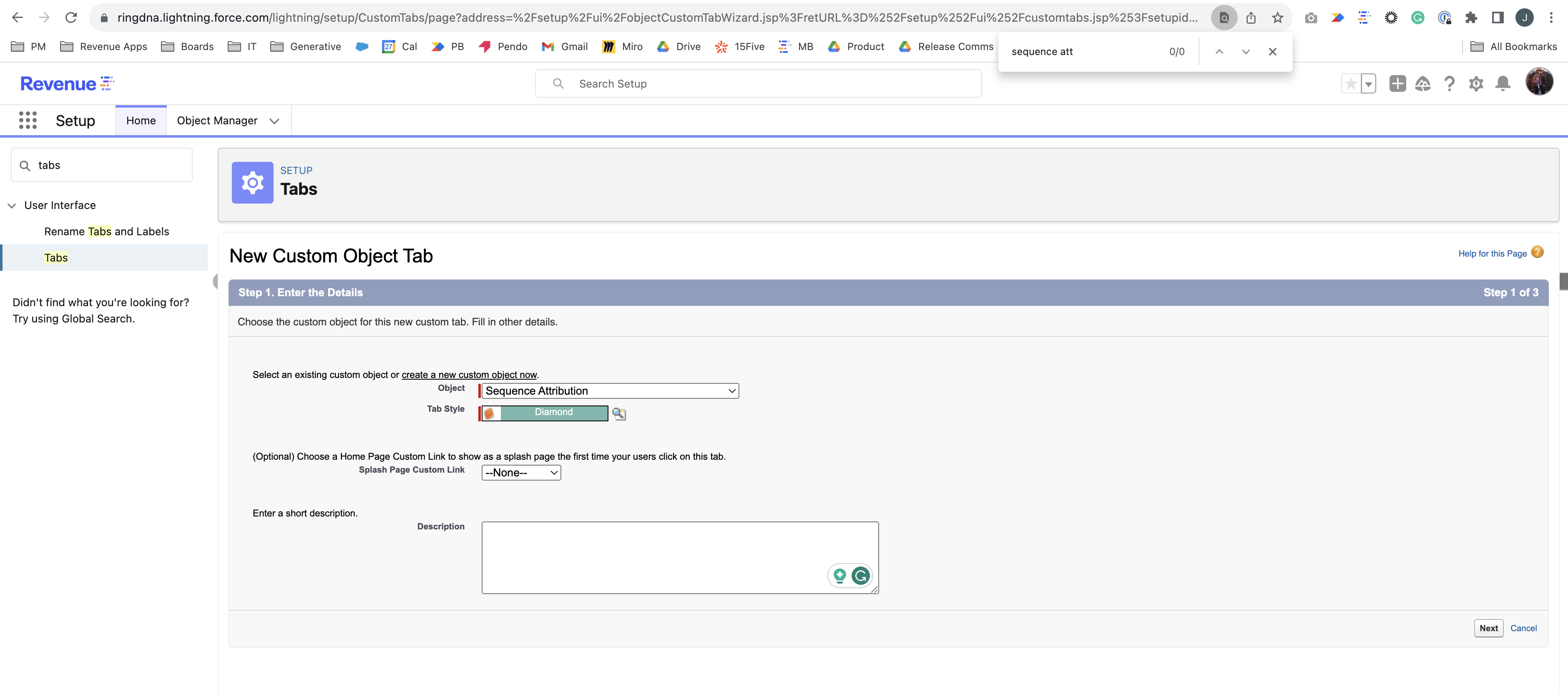 The create tab form showing Sequence Attribution object selected with tab style and description fields.