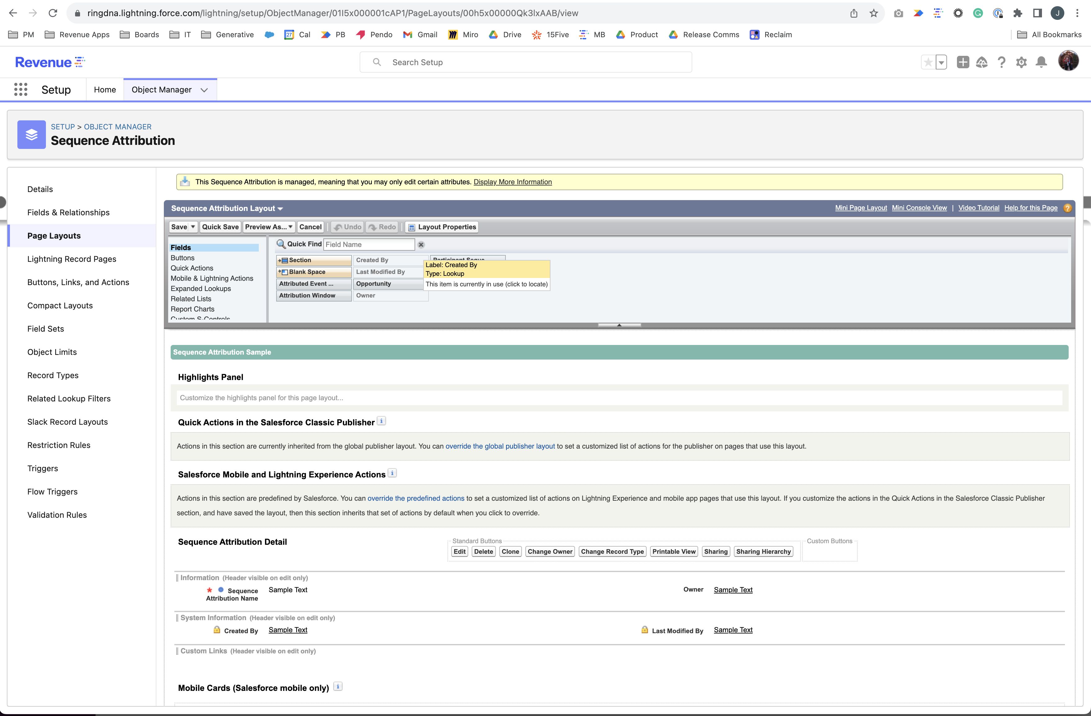 The Sequence Attribution page layout editor showing fields being organized on the layout.