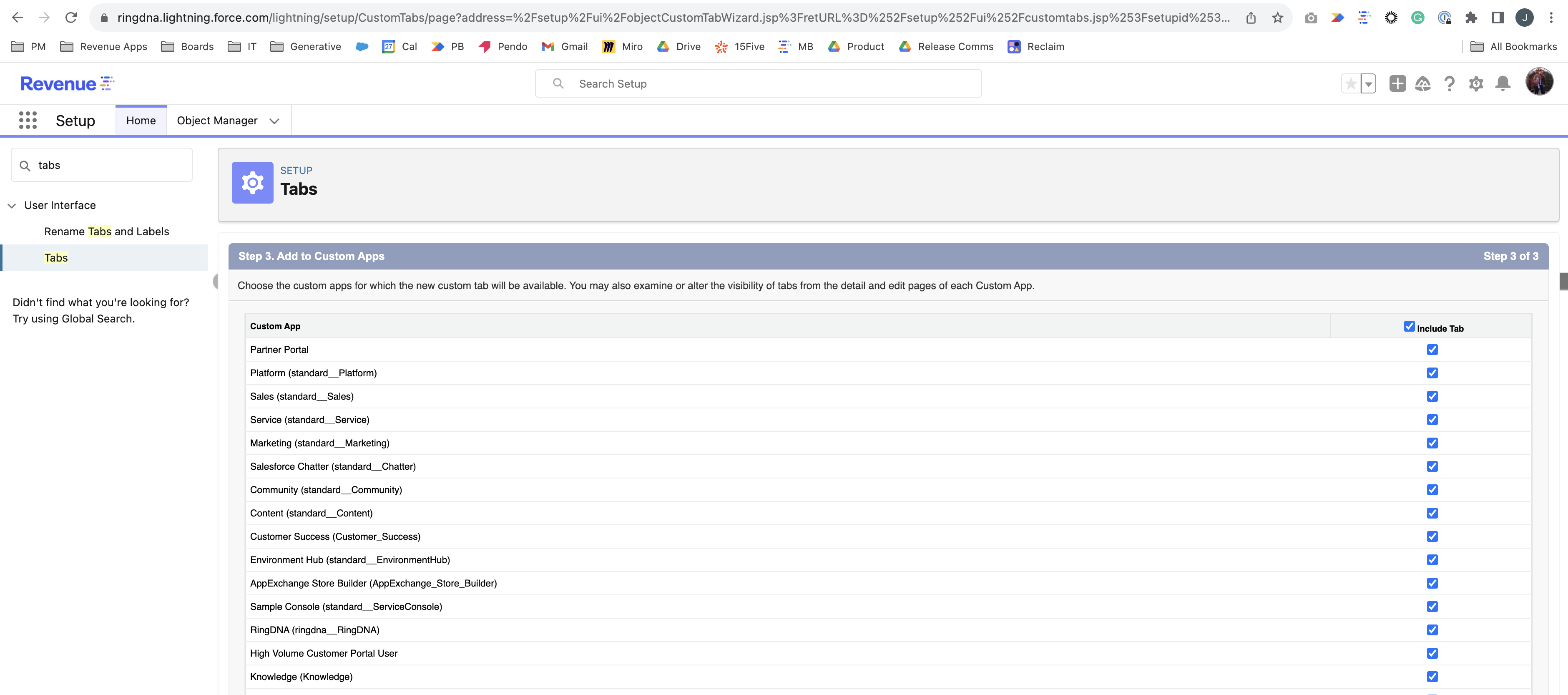 The tab application assignment page showing which apps the tab will be added to.