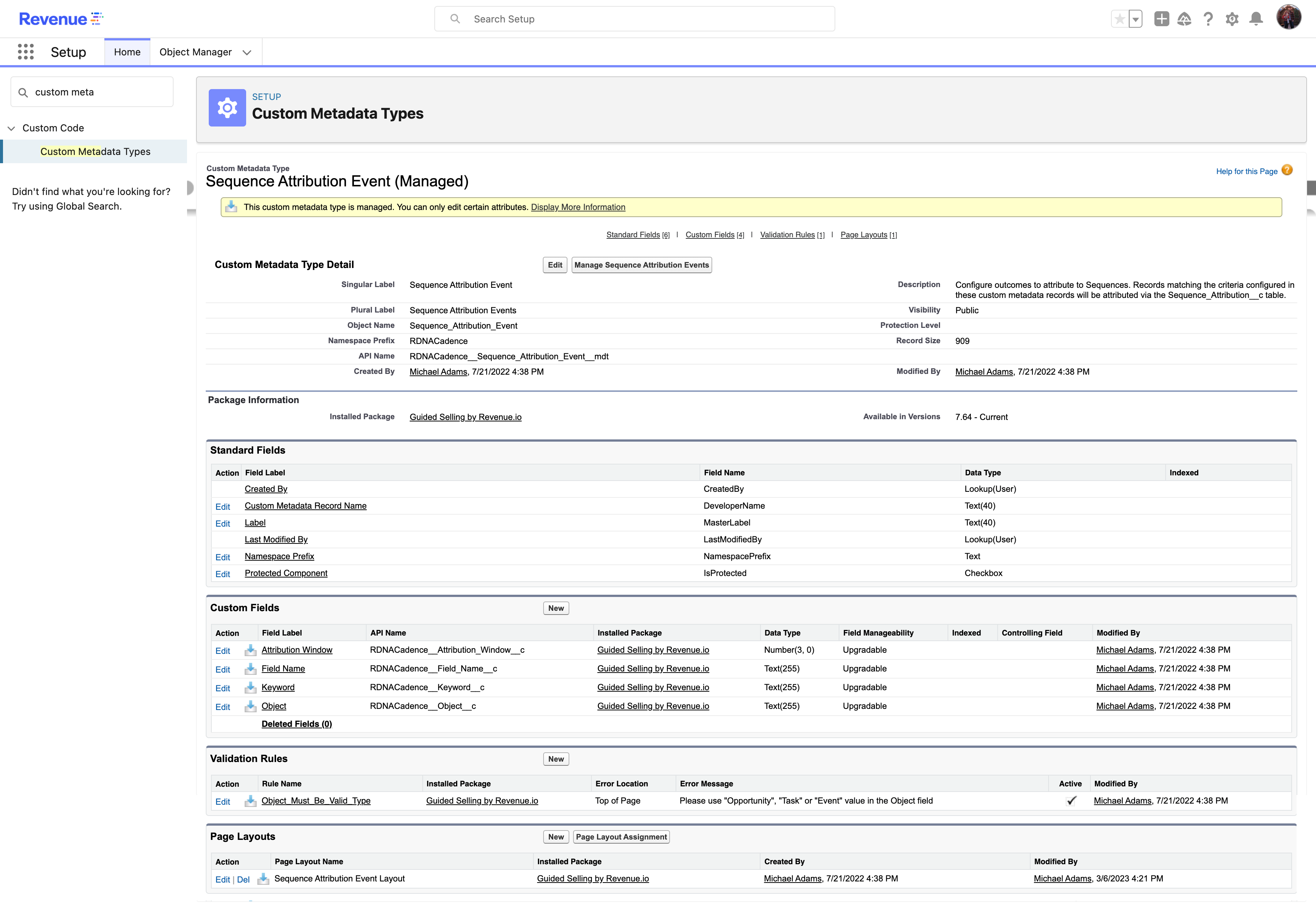 The Sequence Attribution Event custom metadata type page showing the Manage Sequence Attribution Events button.