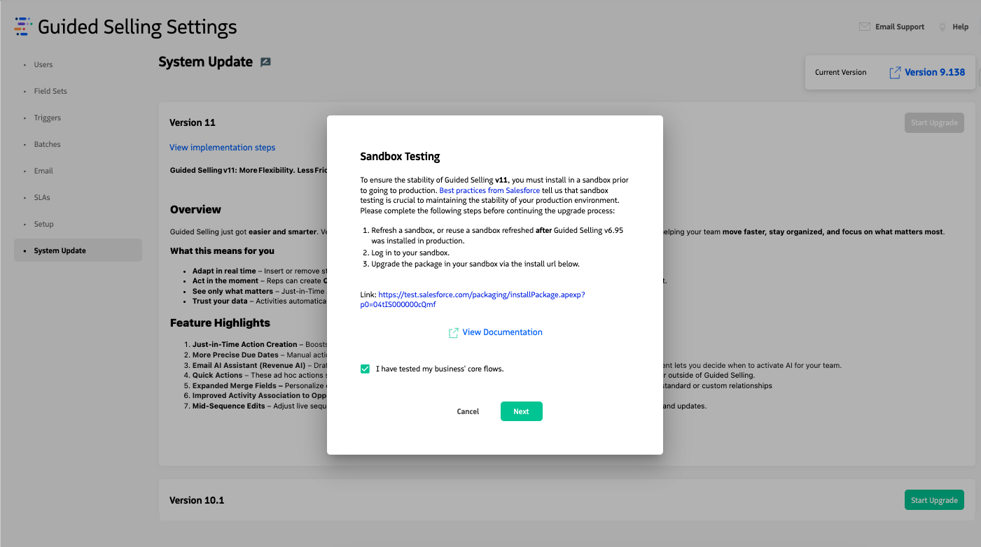 The System Update page showing current version in the top right and pending updates in the center with release notes summary.