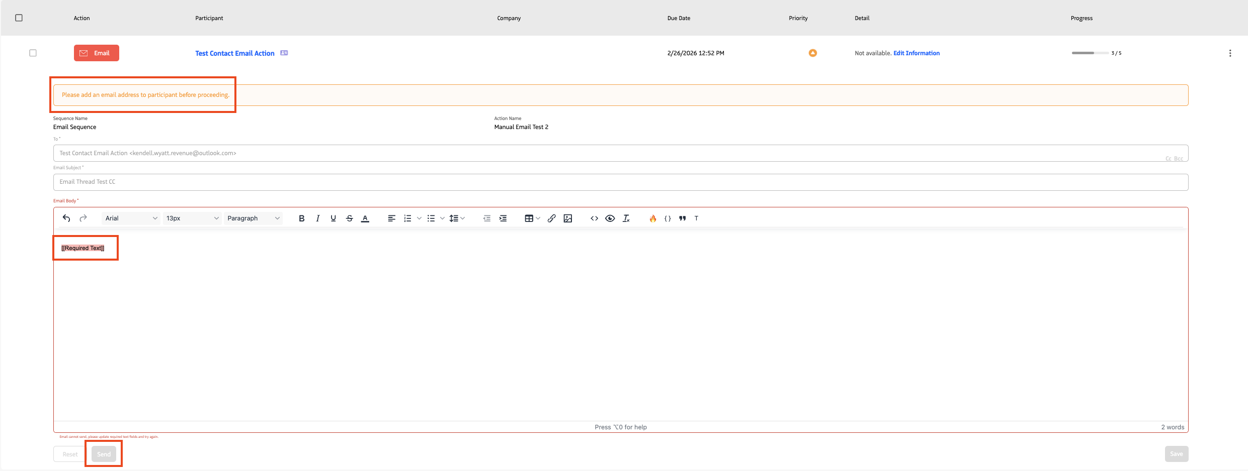 Email Send button in the action row