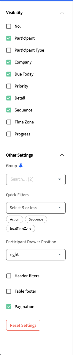 Settings panel showing group selection, Quick Filters, and layout options.