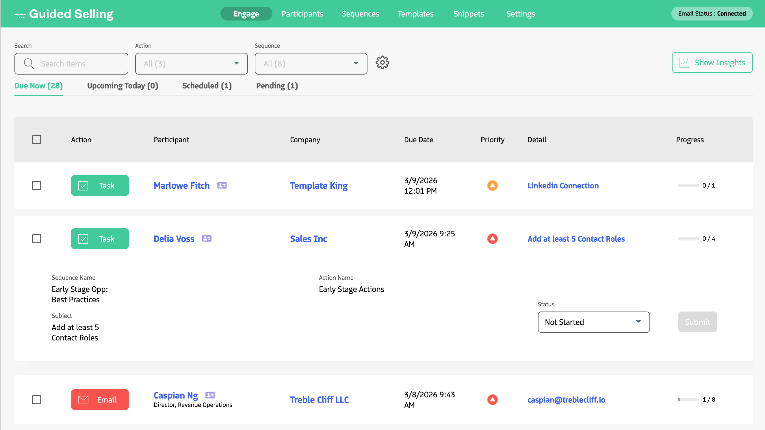 Screenshot of the Guided Selling Engage view showing participant actions and controls.