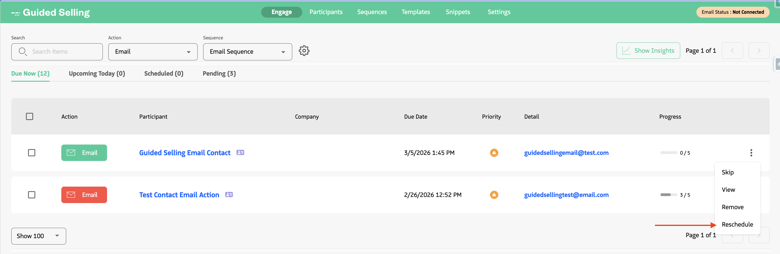 Reschedule menu option in the Engage view action dropdown