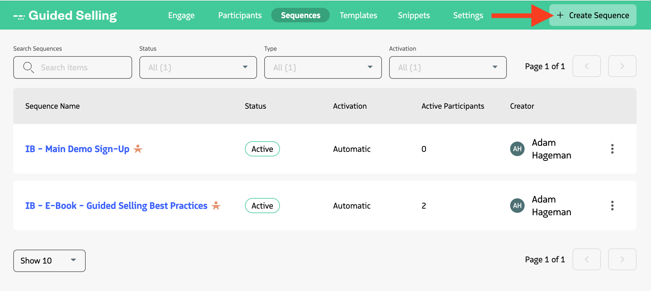 Guided Selling app with Sequences tab and Create Sequence entry point.