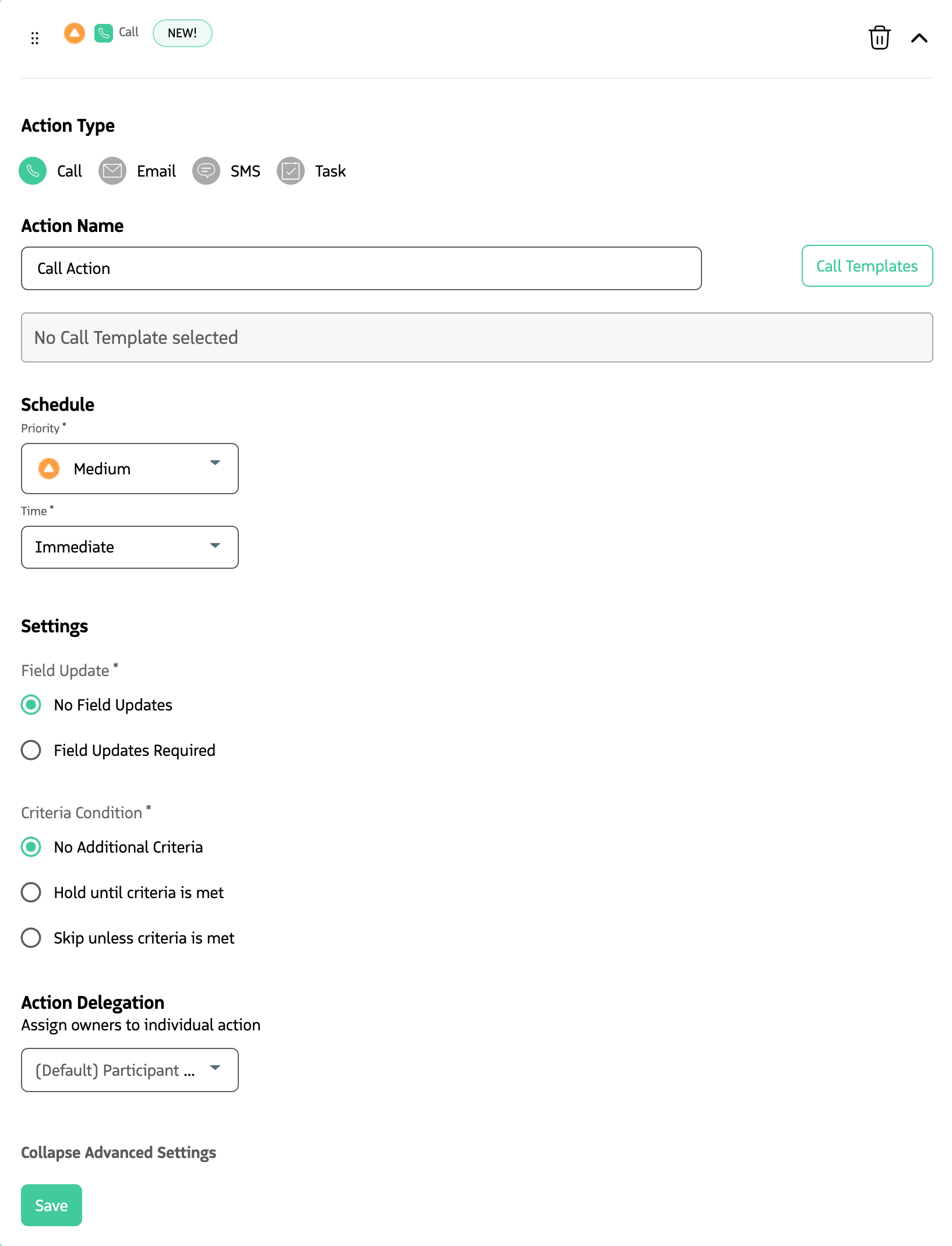 Actions list or action configuration showing order and timing.