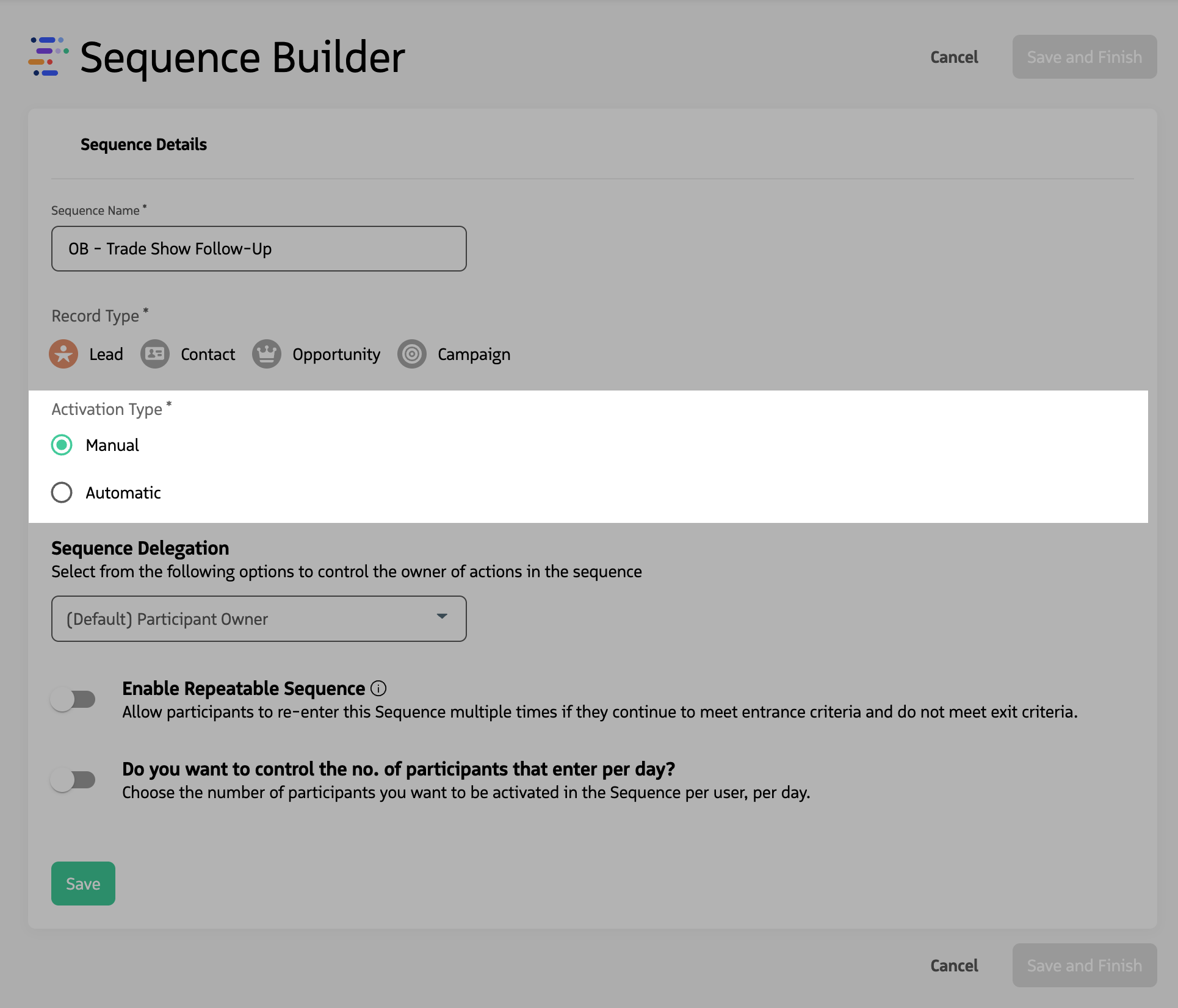Activation Type selection showing Manual and Automatic options.