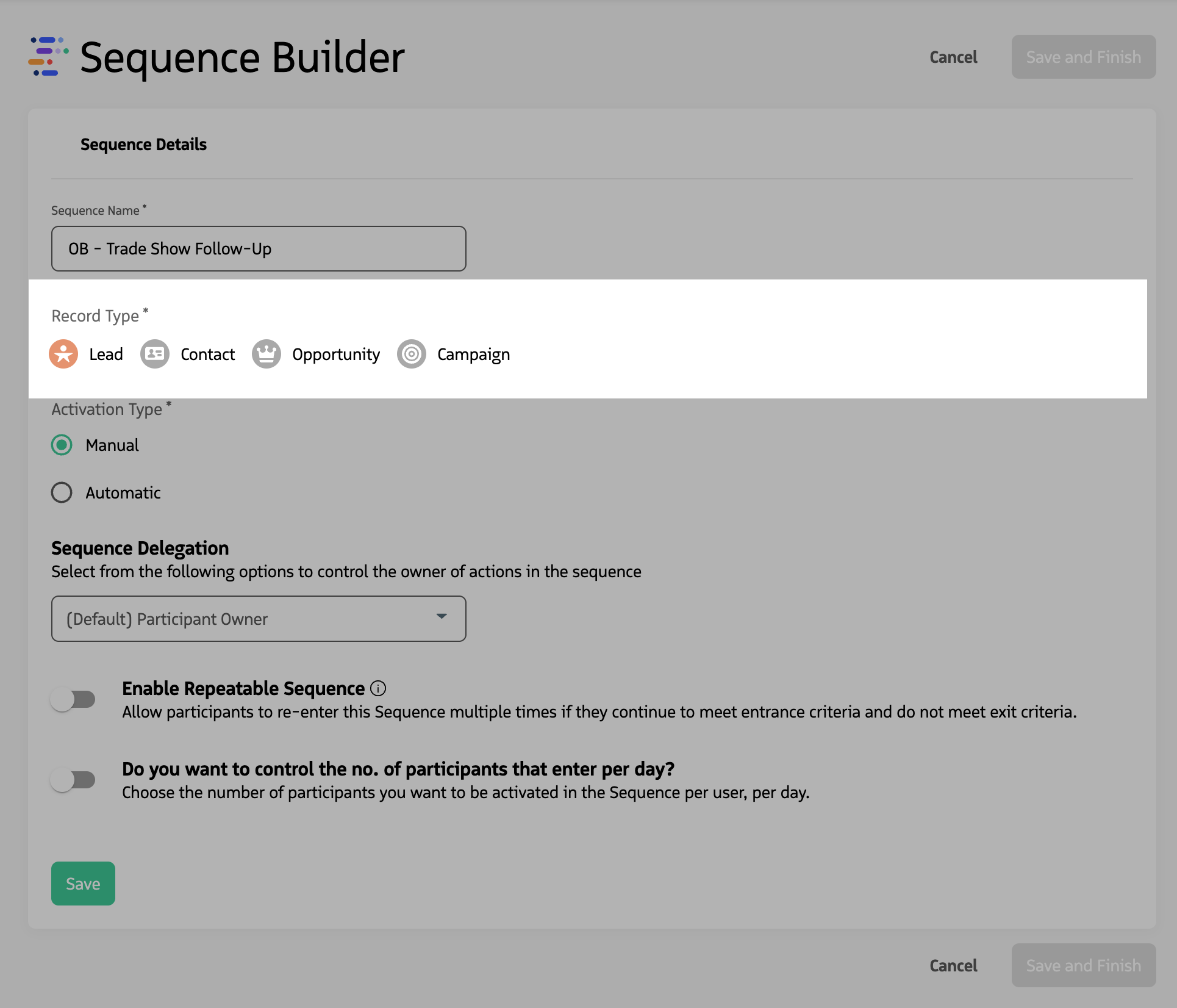 Record Type dropdown or sequence details showing record type selection.