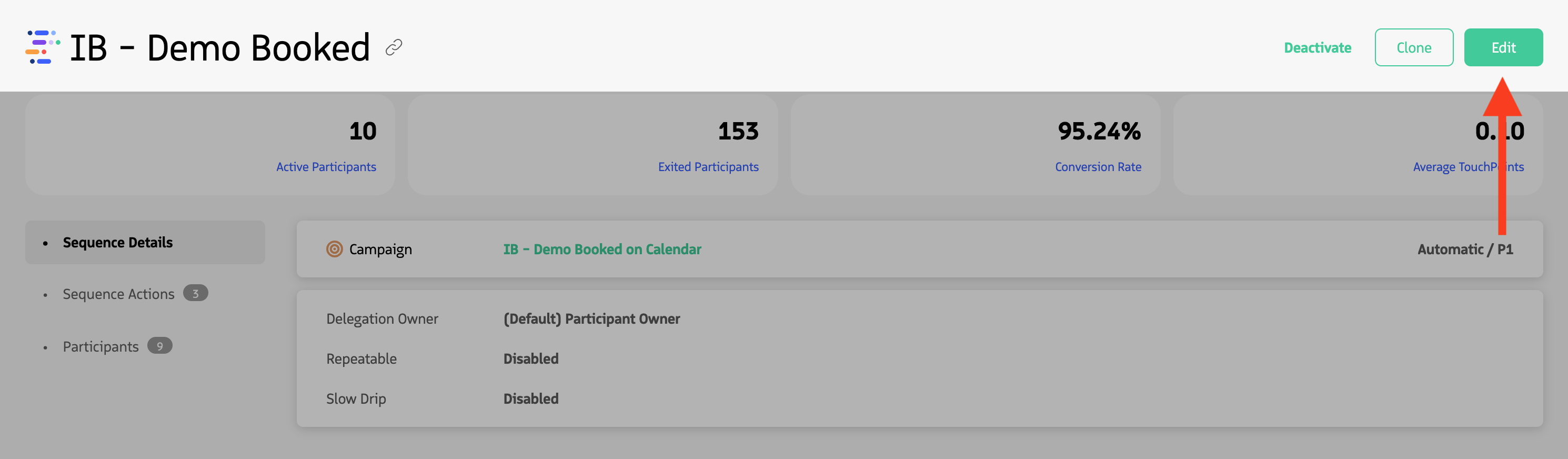 Sequence header with sequence name and Activate, Deactivate, Clone, and Edit buttons.