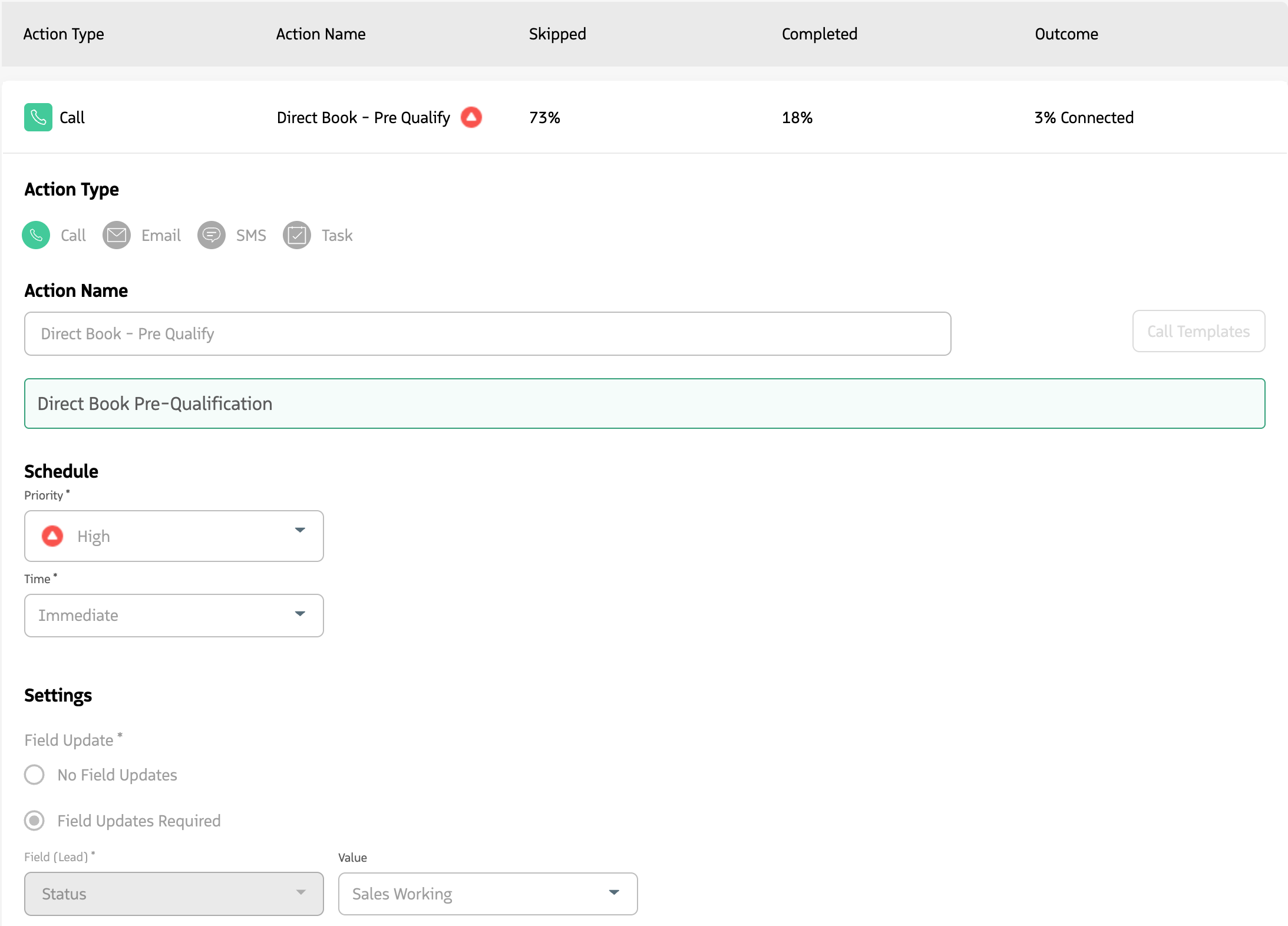 Action detail view showing templates and settings for a selected action.