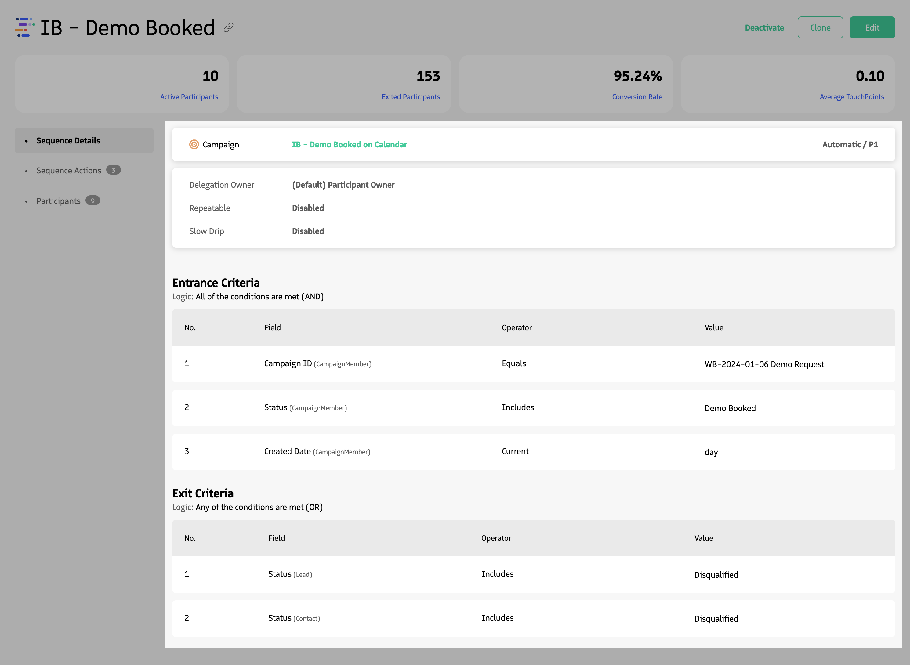 Sequence Details panel showing type, action type, settings, and entrance and exit criteria.