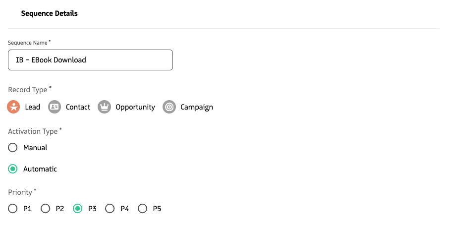 Screenshot showing the selection of Priority (P1–P5) for an Automatic Sequence in Guided Selling.