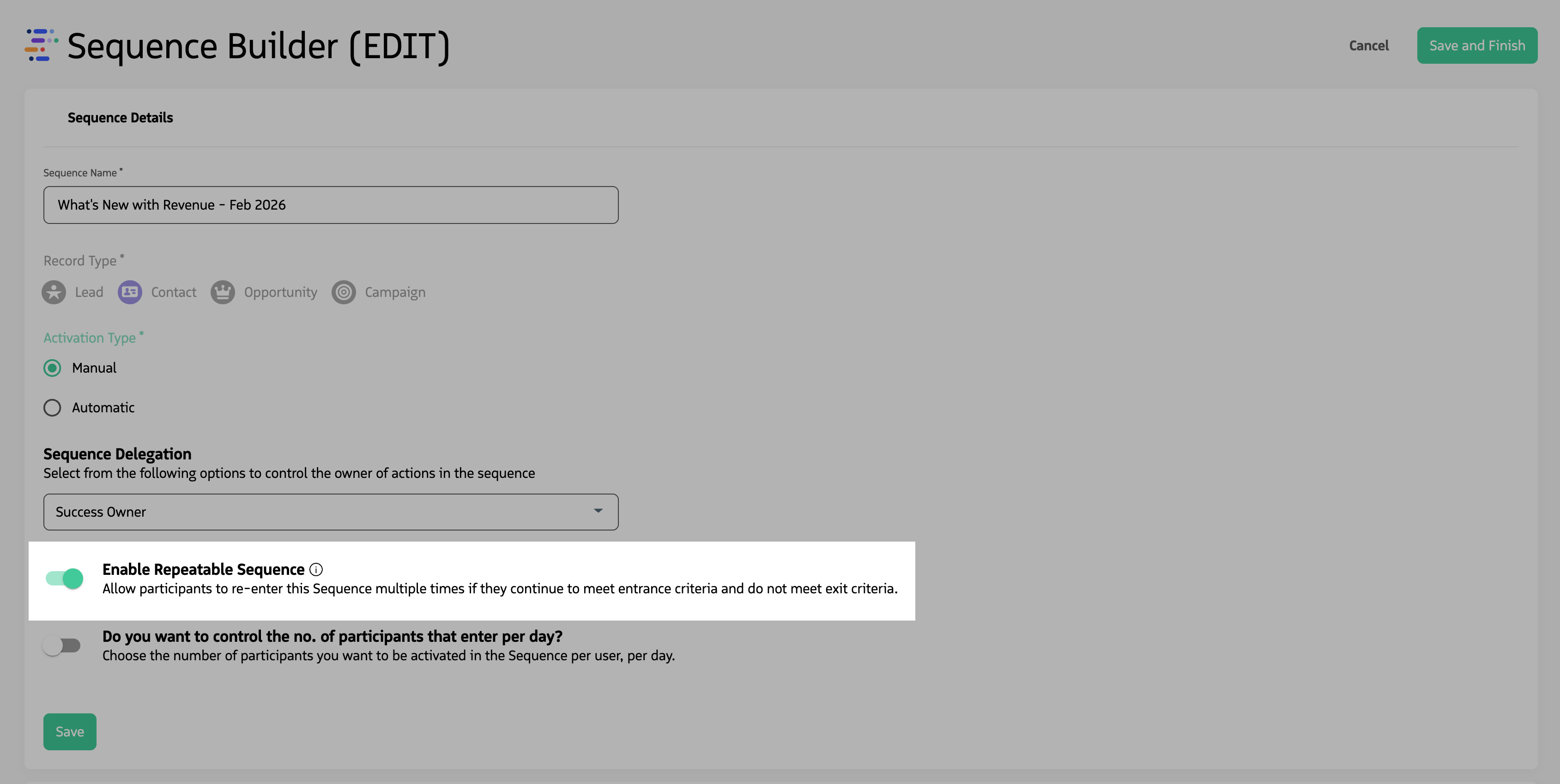 Screenshot of a Guided Selling sequence UI showing the Enable Repeatable Sequence option.