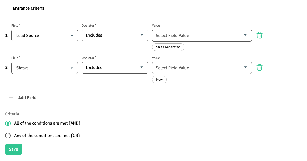 Screenshot example of sequence entrance criteria set in the Guided Selling UI.