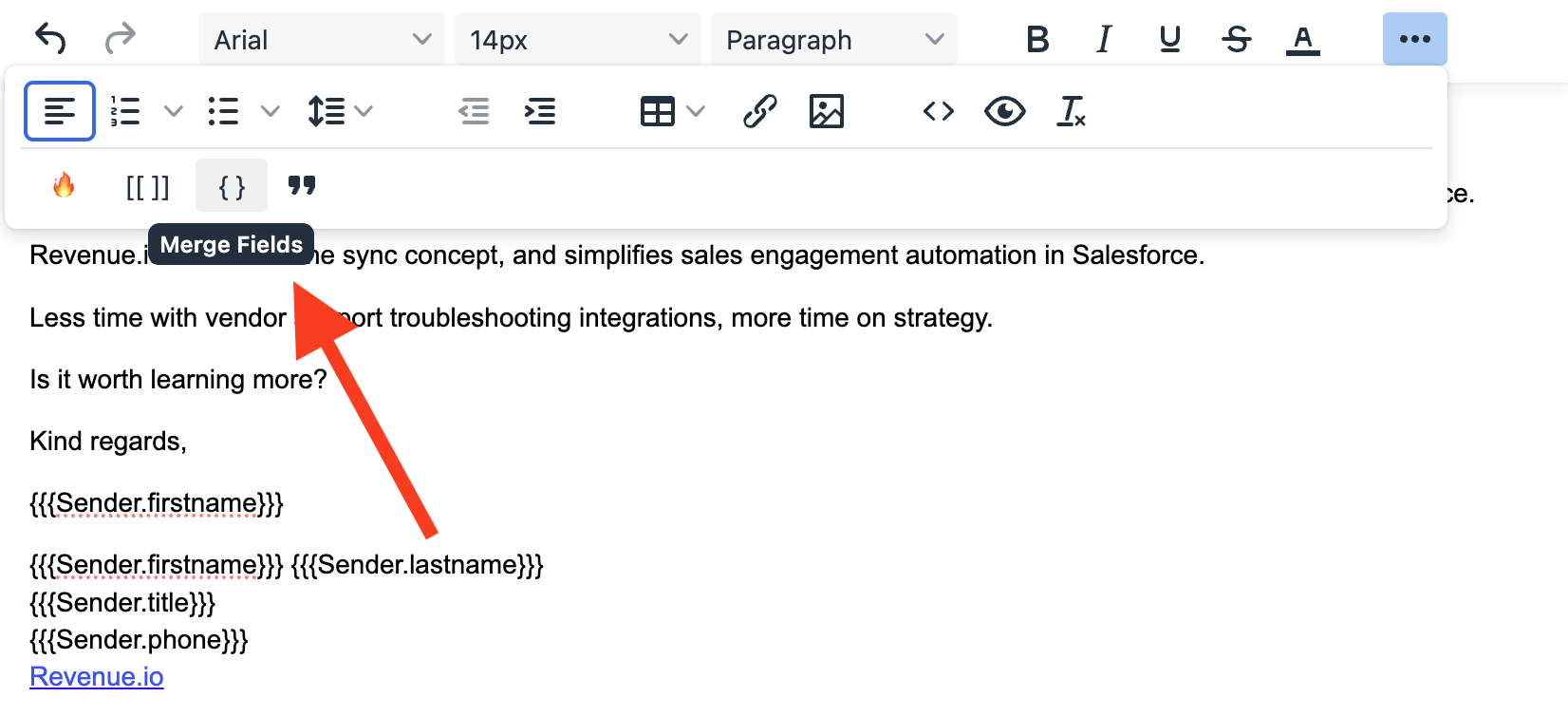 Rich Text Editor with Merge Field button and merge field modal or inserted fields.