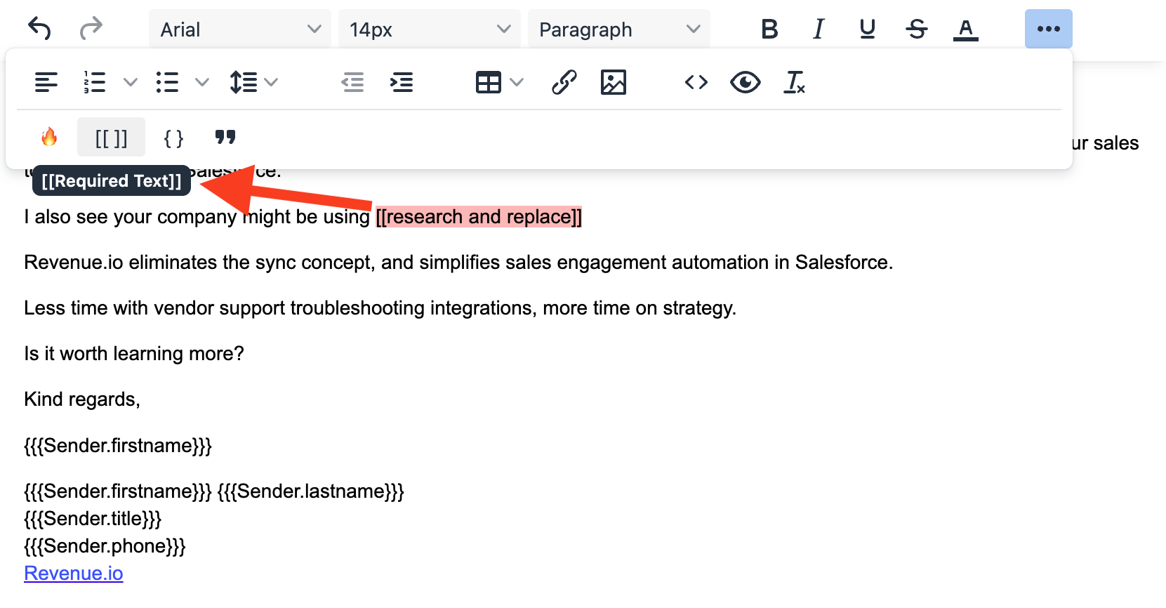 Rich Text Editor with required text highlighted and brackets added.