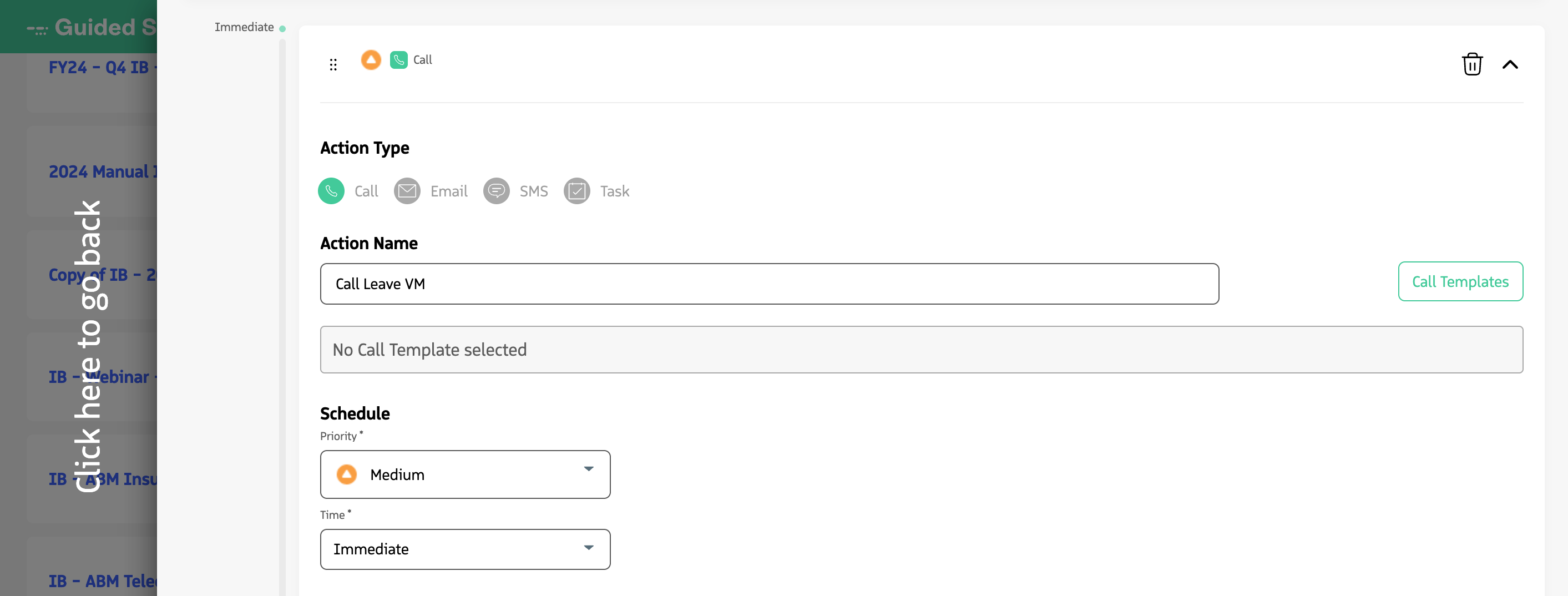 Placeholder: Sequence Builder showing a Call action with Call Note Template selected.