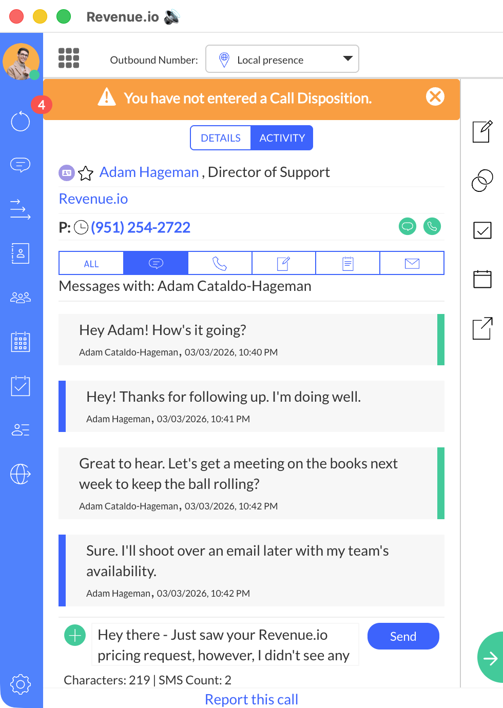 Engage view with Send or Message button and the SMS message box populated by a template.