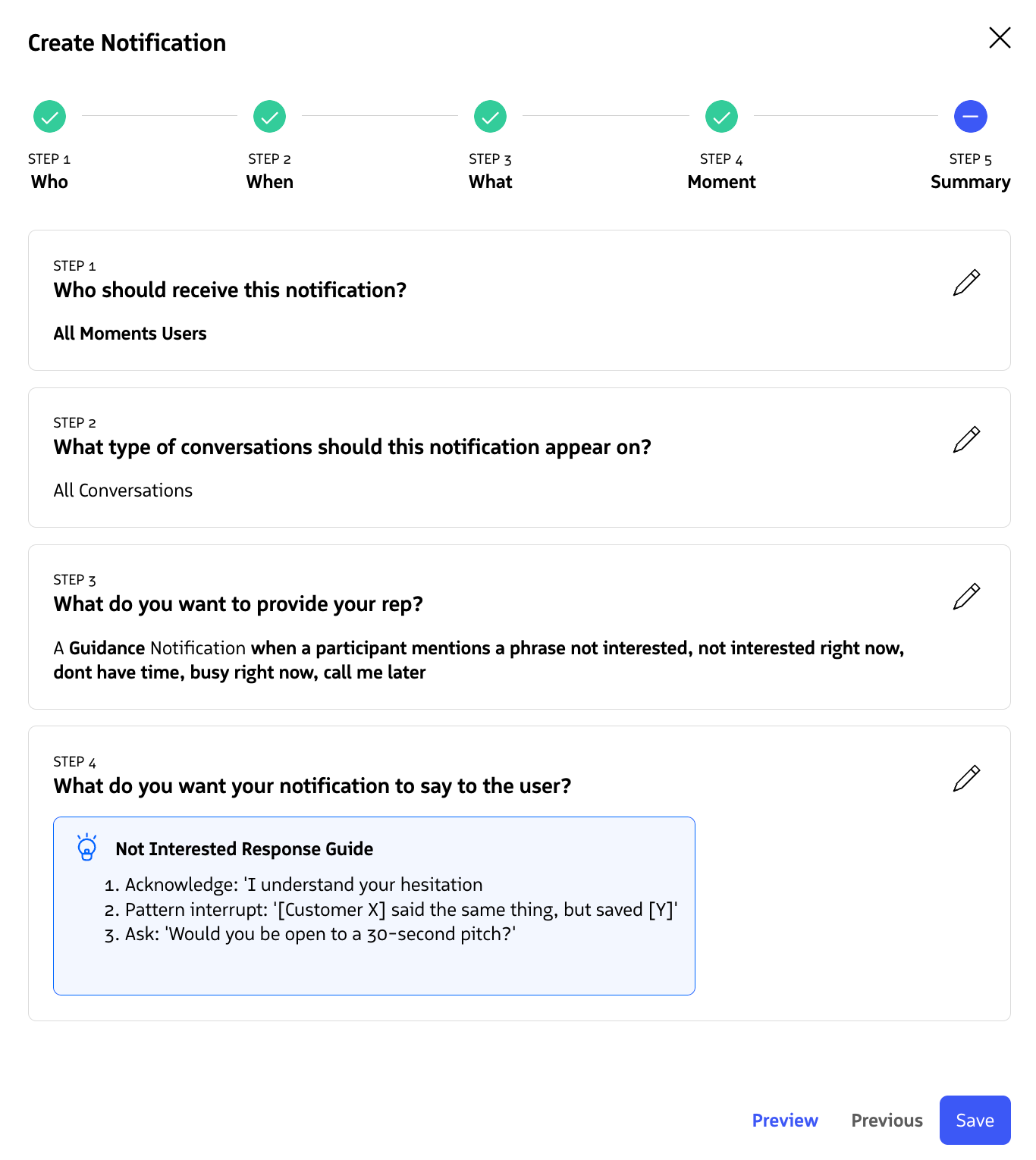 Template preview panel showing notification details with Save and Cancel buttons