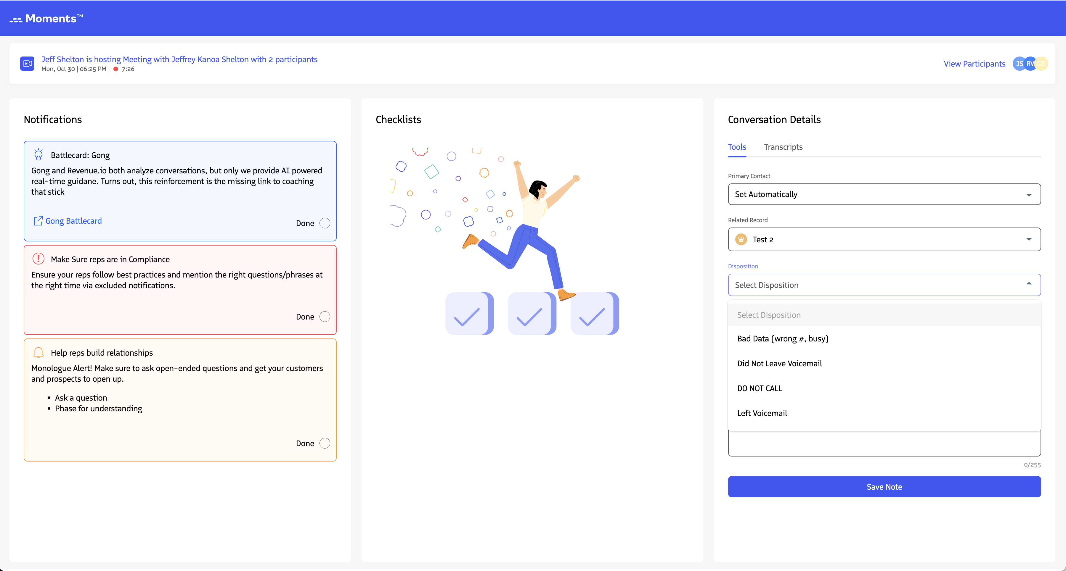 The disposition dropdown showing available disposition options.