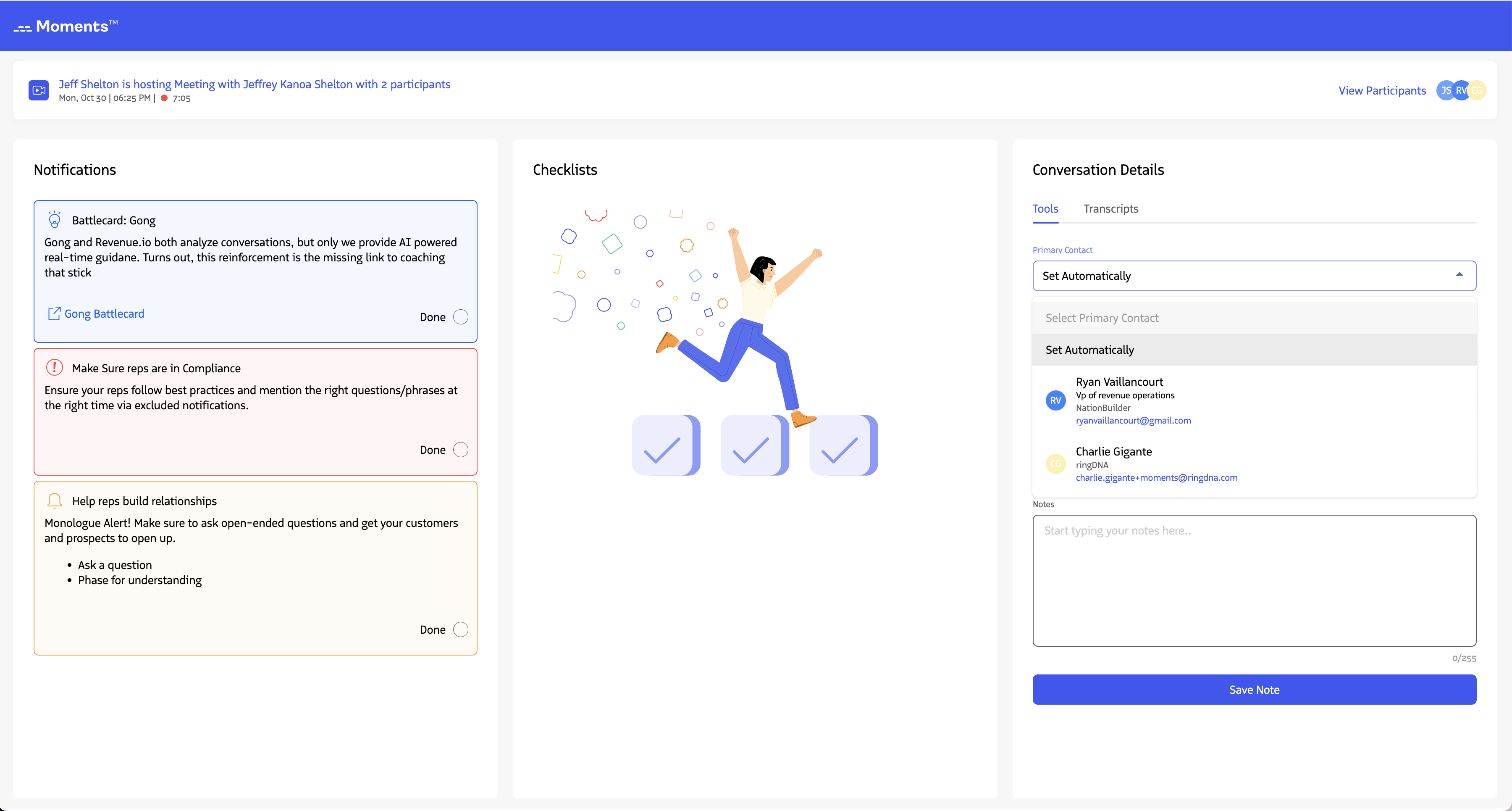 The manual primary contact dropdown showing available records.