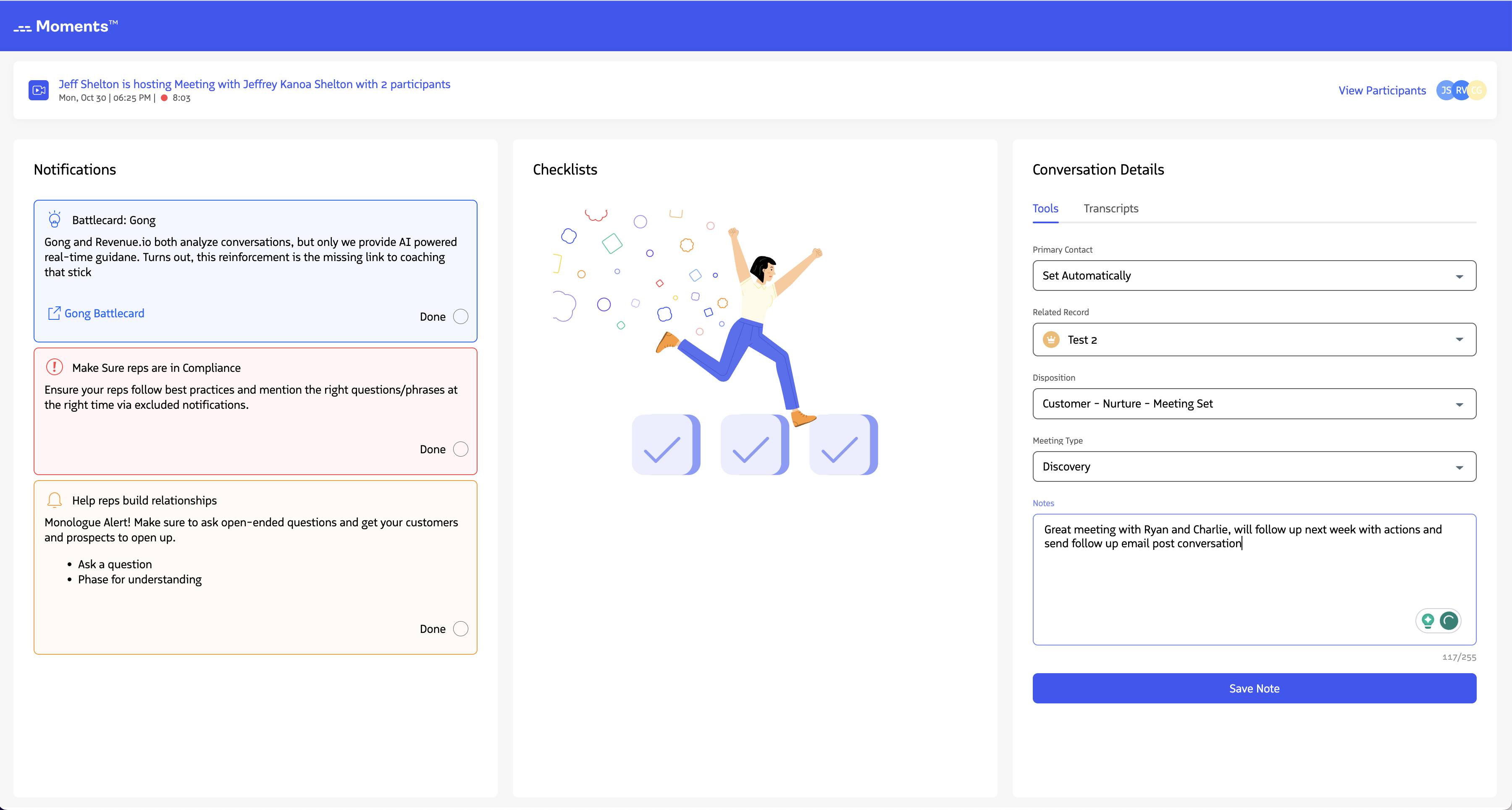The notes field with a Save Note button.