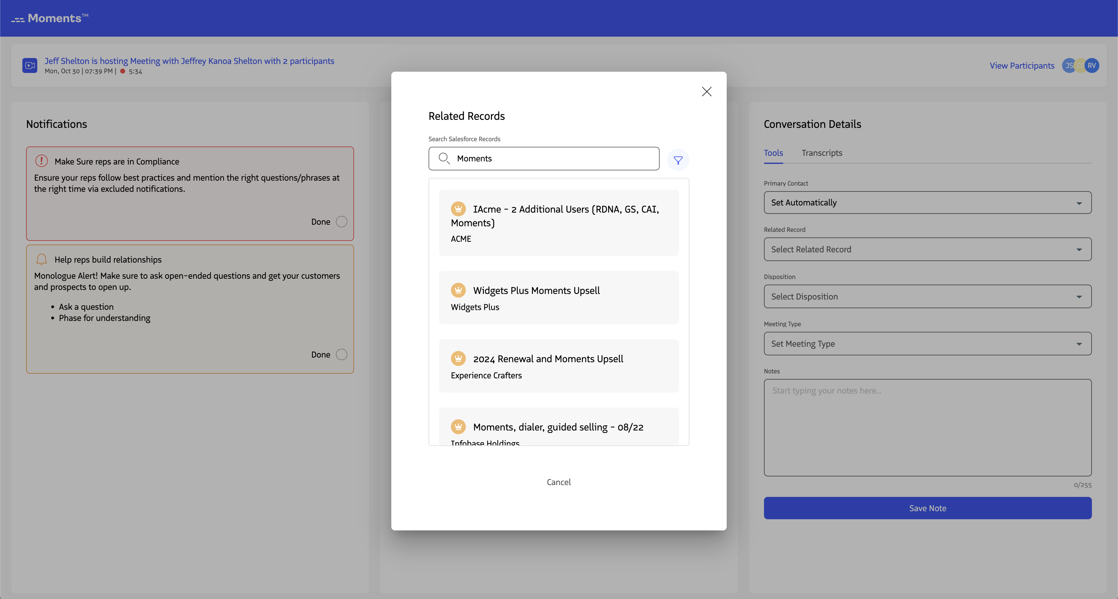 Search results showing matching related records.