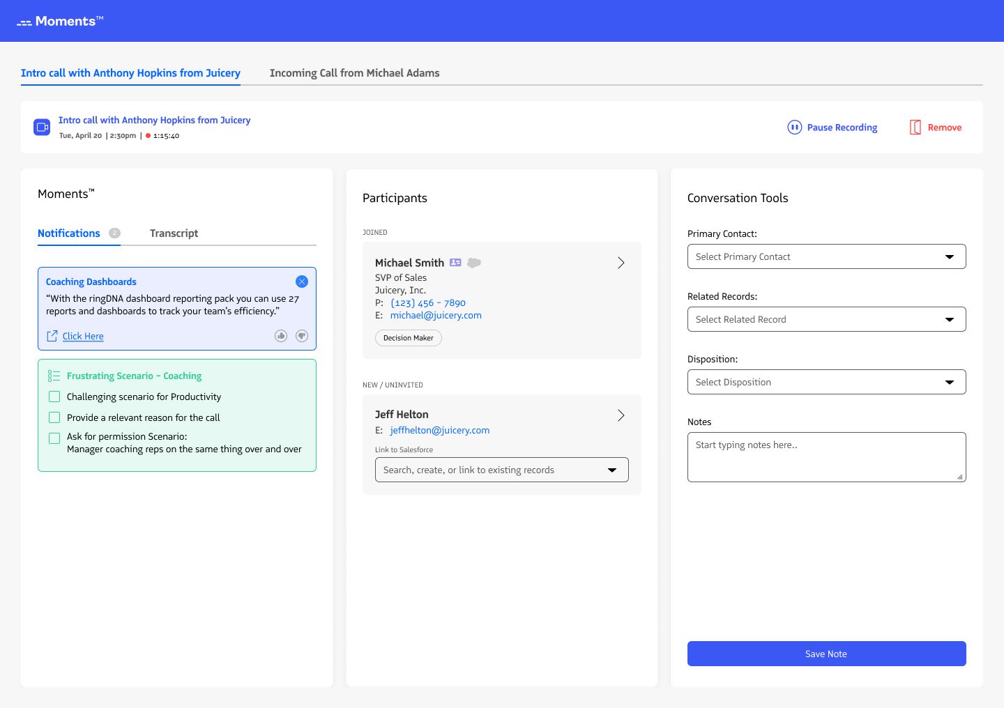The multi-tab Moments App interface showing multiple meetings.