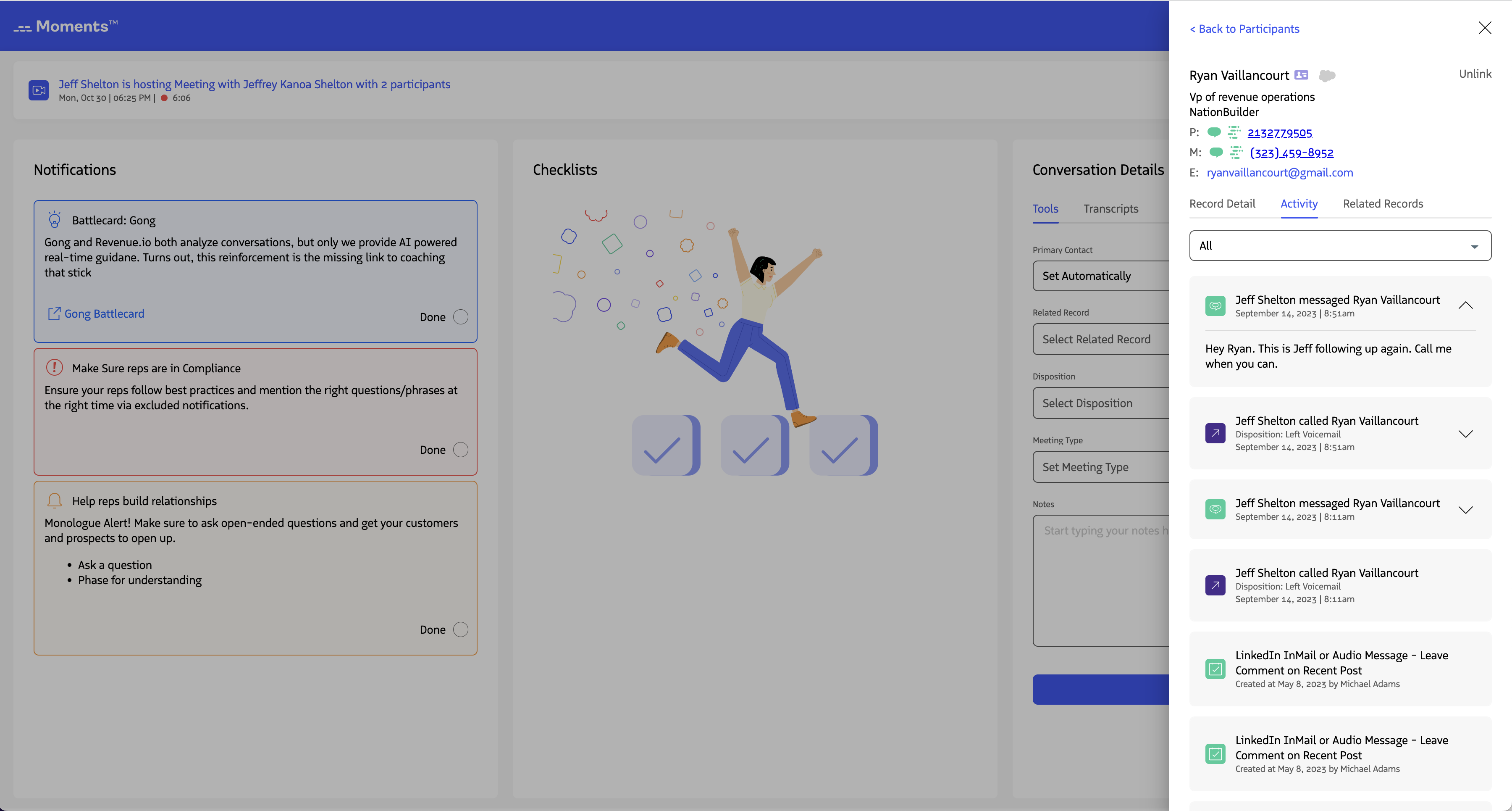 Expanded activity details showing call notes.