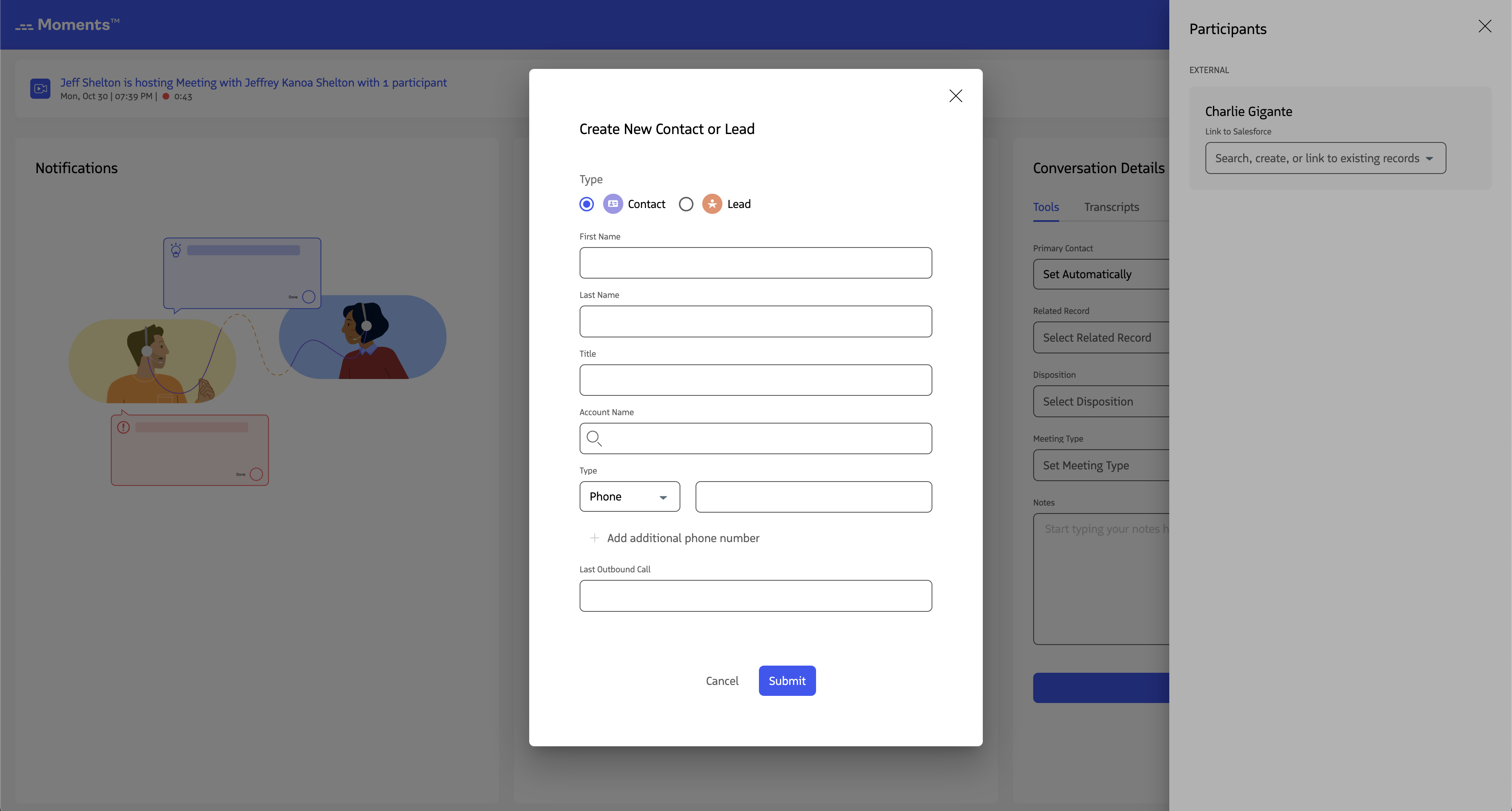 The form to create a new contact or lead record.