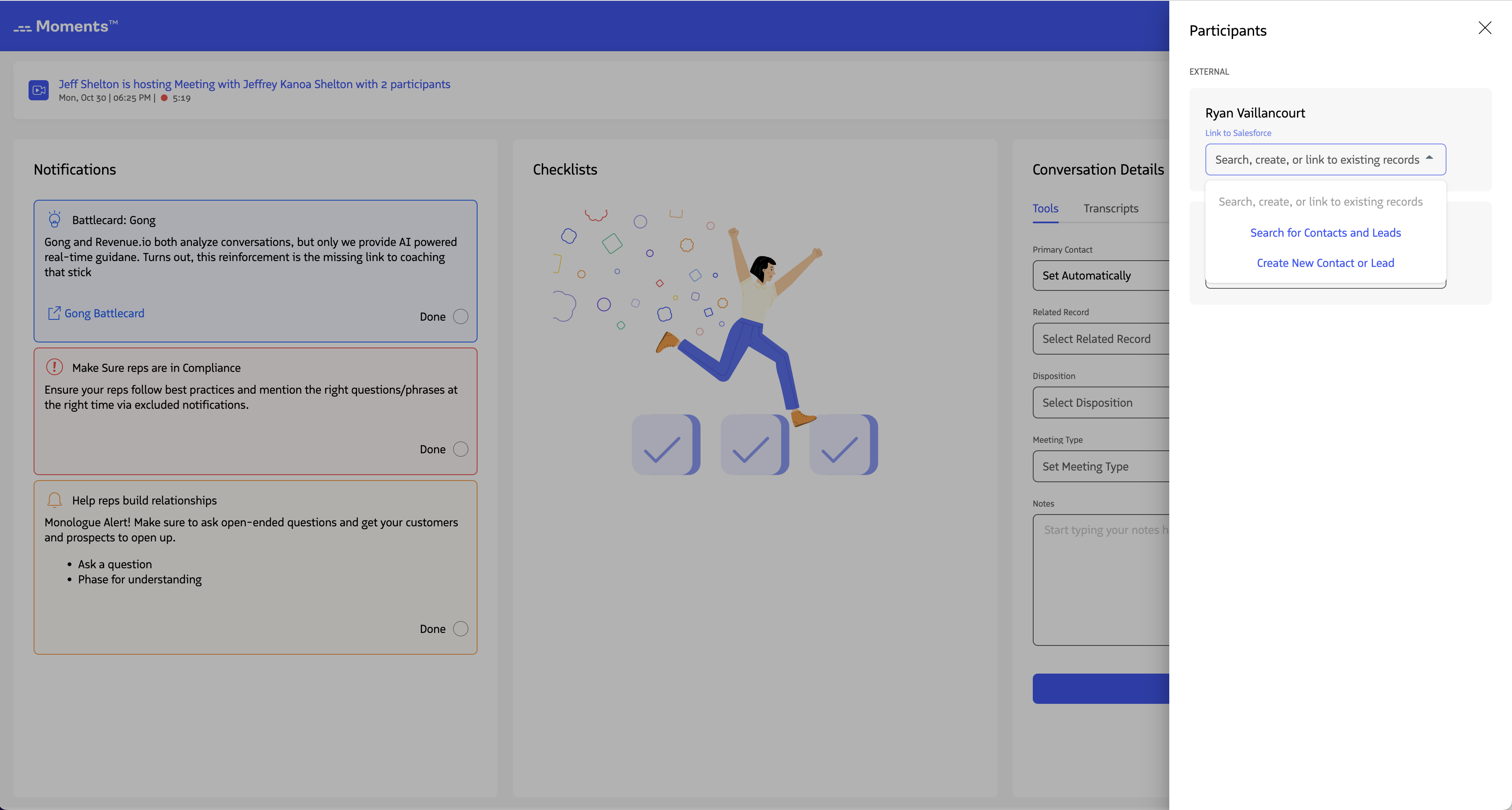 The search modal for finding contacts and leads in Salesforce.