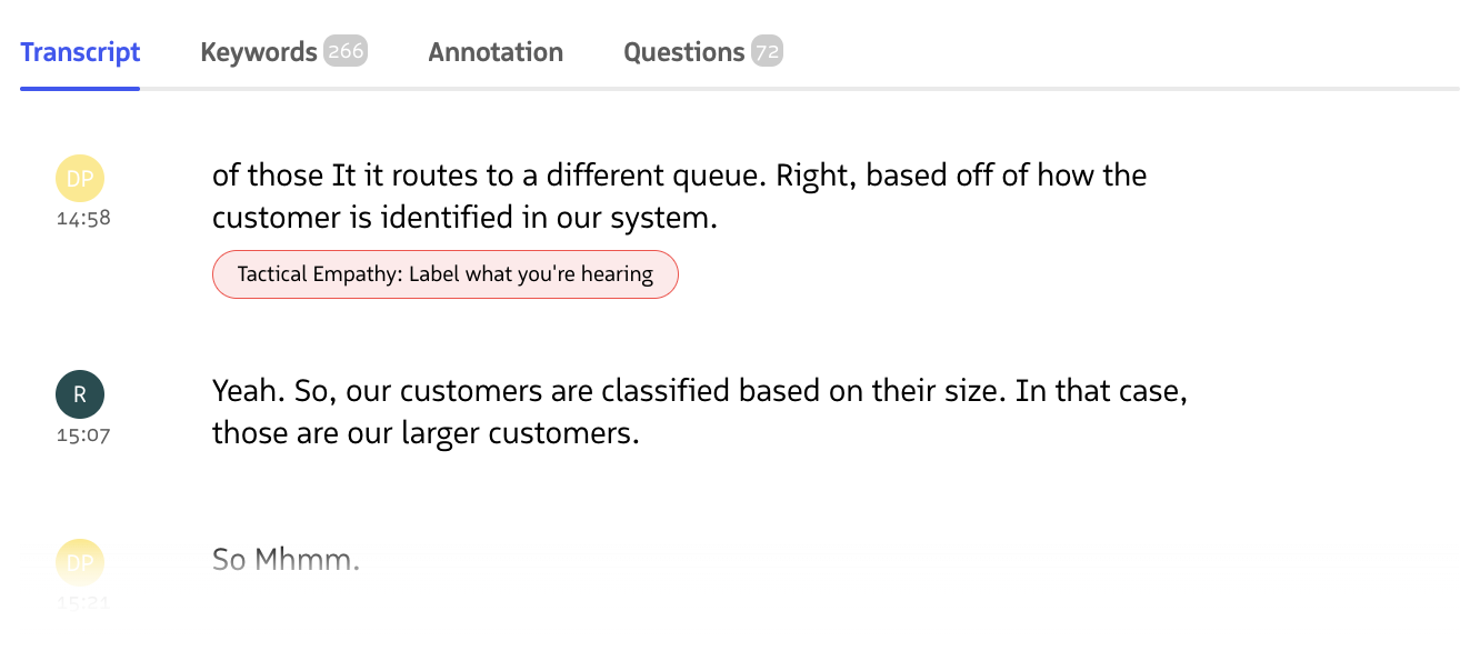 Moments™ Notification displayed as a badge under a spoken phrase in the Call Transcript