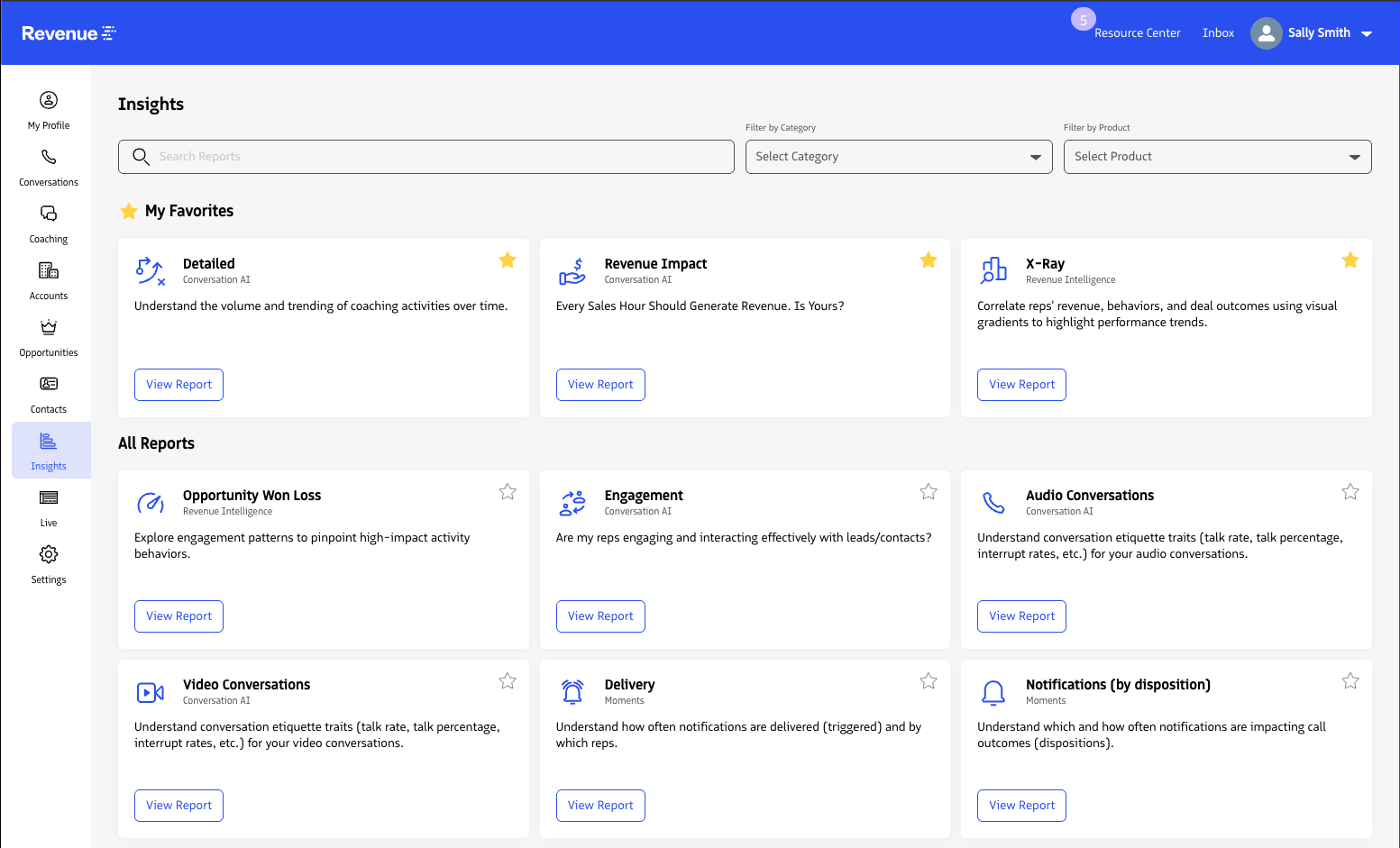 The Revenue app left navigation with Insights selected.