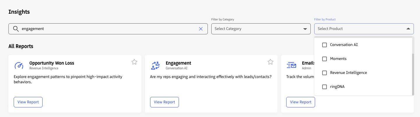 The reports landing page showing the Search field.