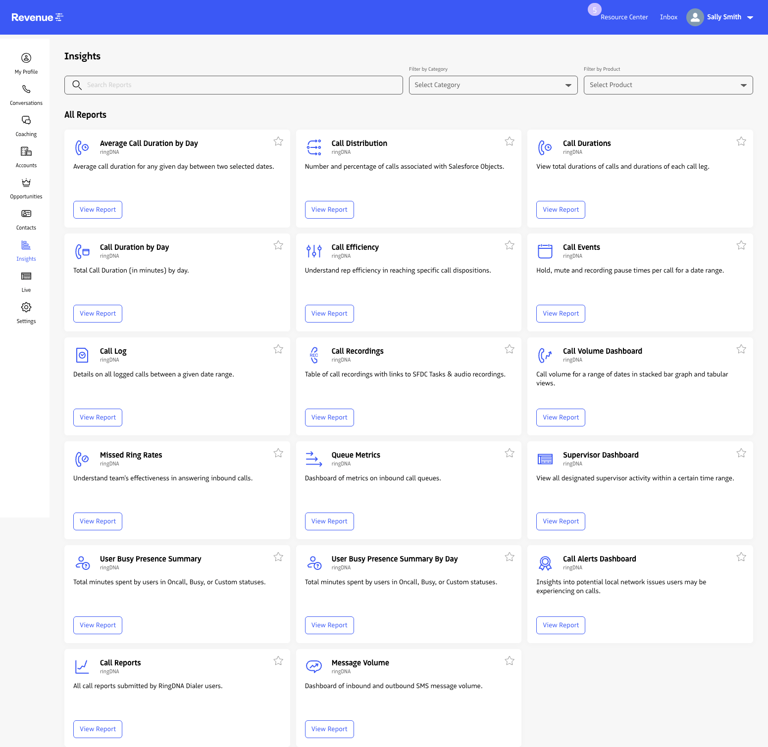 Insights Product filter set to Admin to locate QBR Report and Emails Sent by Revenue.io reports.