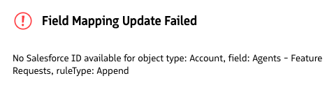 A modal showing a plain-language explanation of a Conversation Agent field mapping failure.