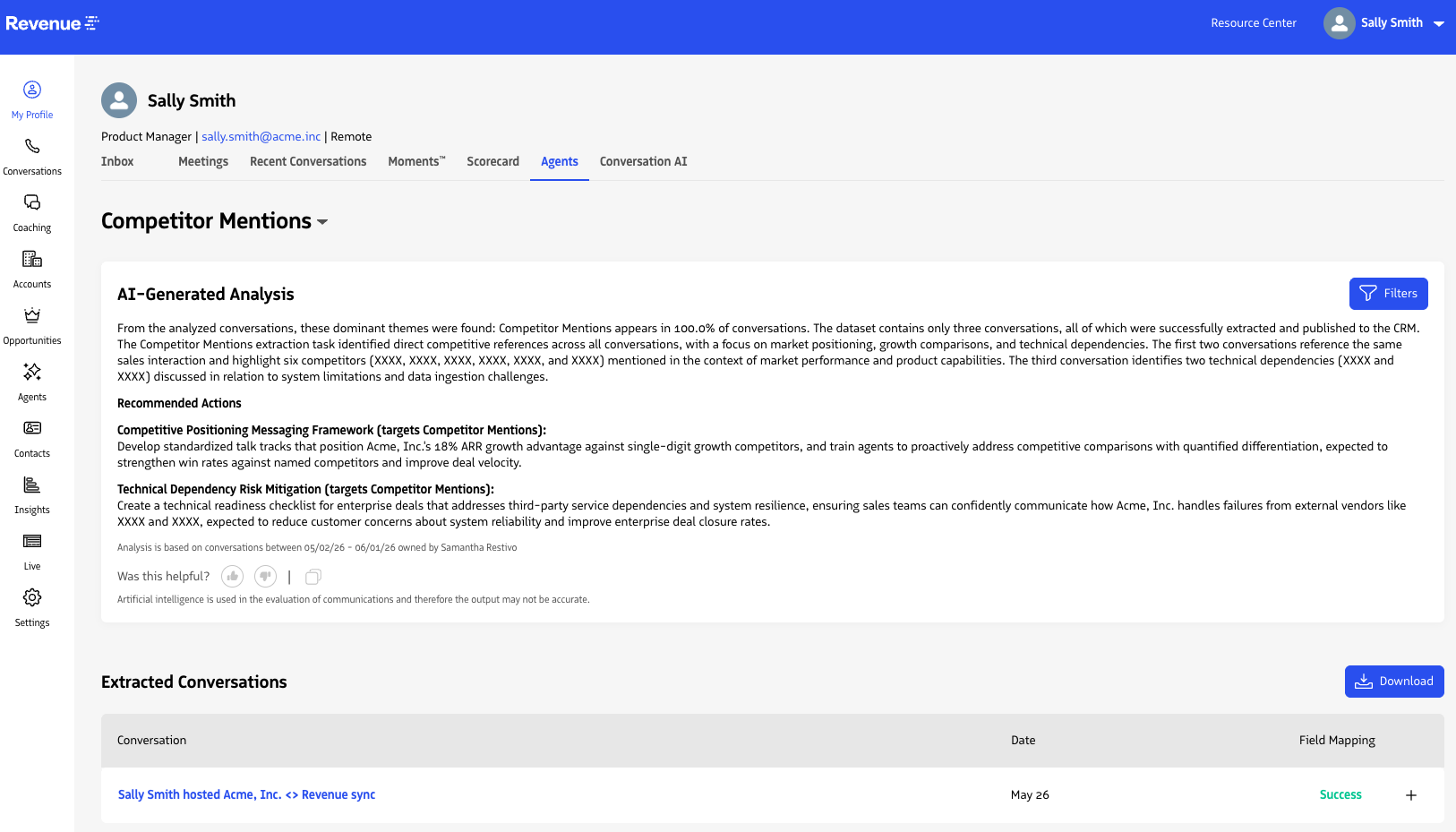 The Agents tab in My Profile showing extracted Conversation Agent insights.