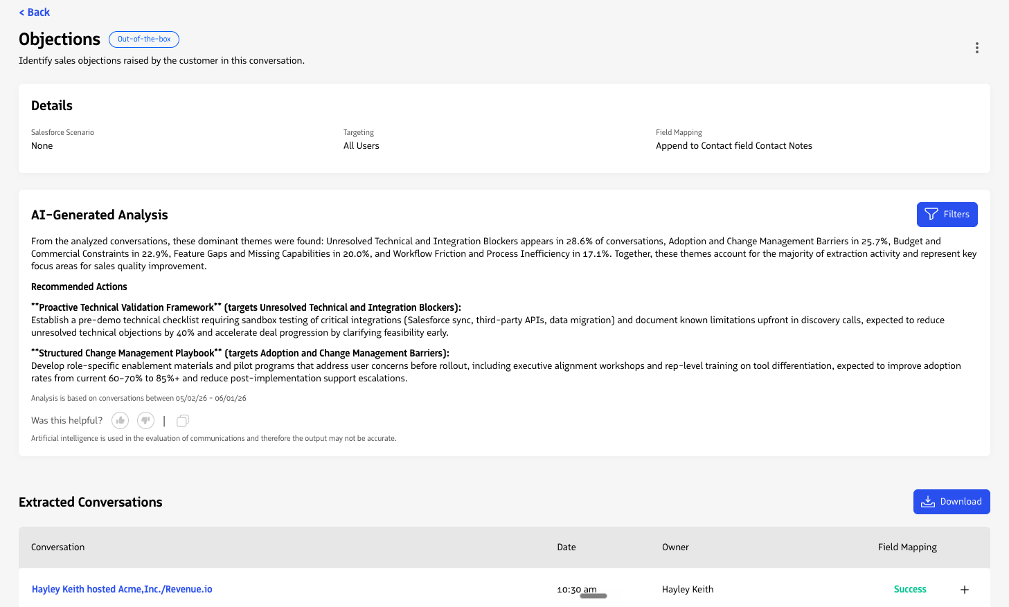 A Conversation Agent report page with AI-generated analysis and extracted conversations.