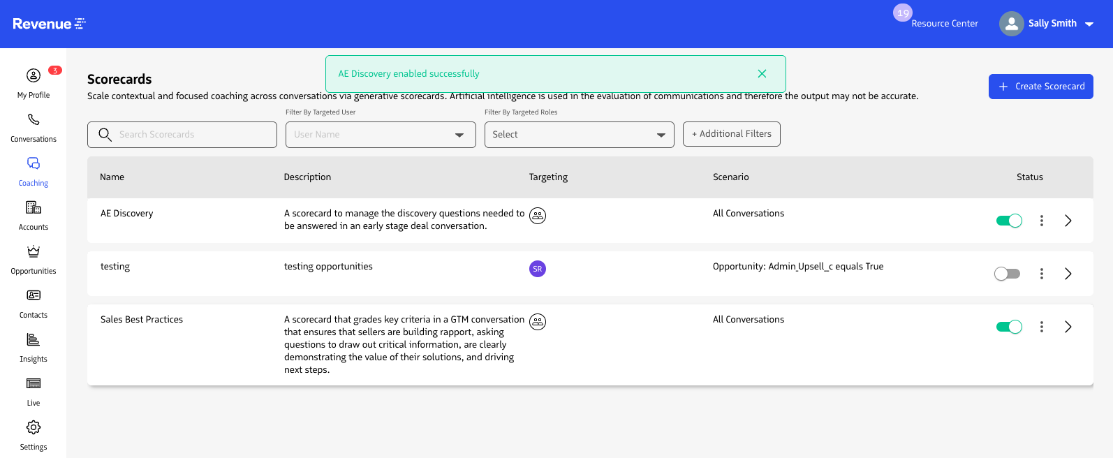 Success message after activating a scorecard.