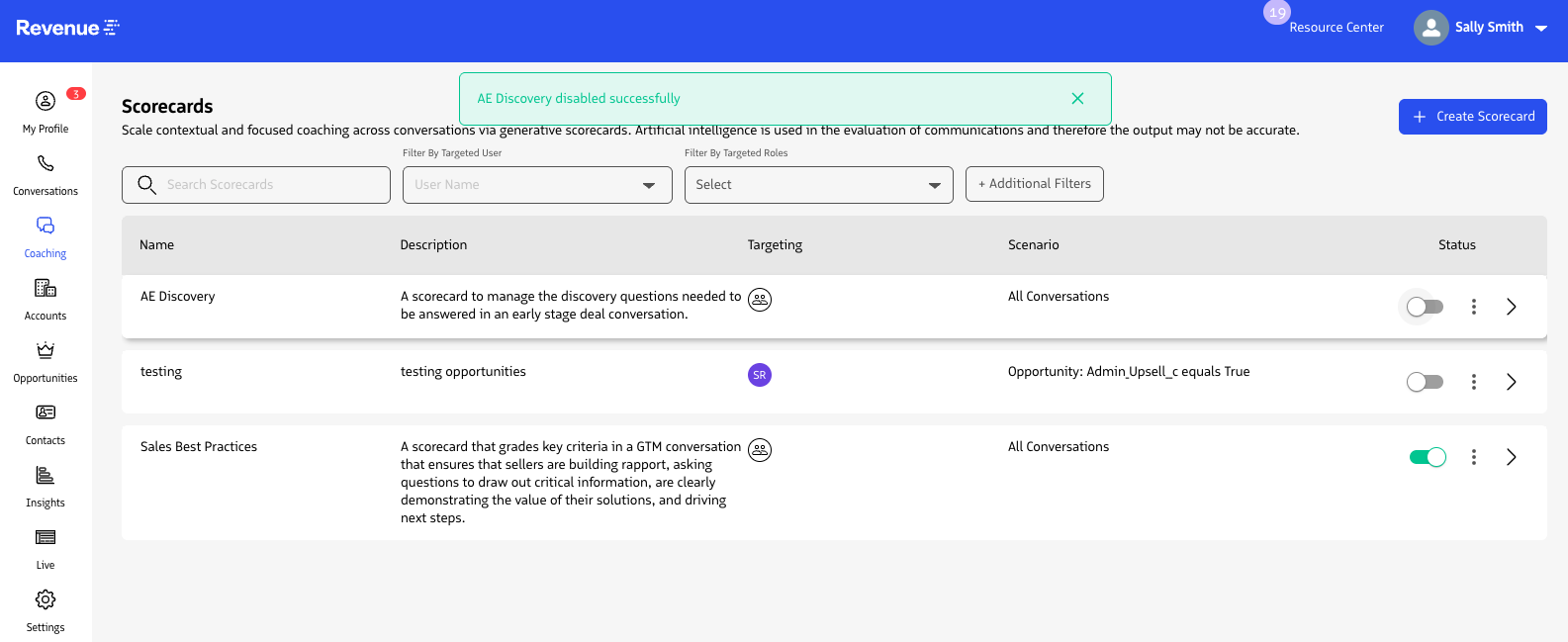 Scorecard list showing deactivation.