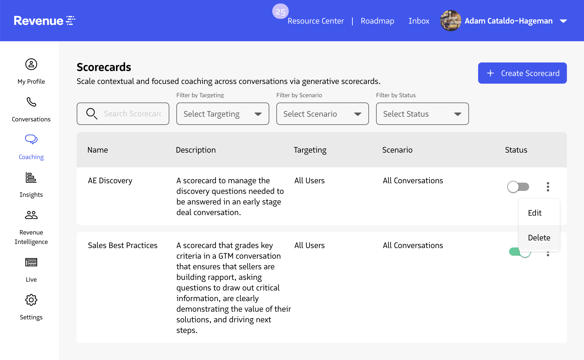 Scorecard menu with Delete option.