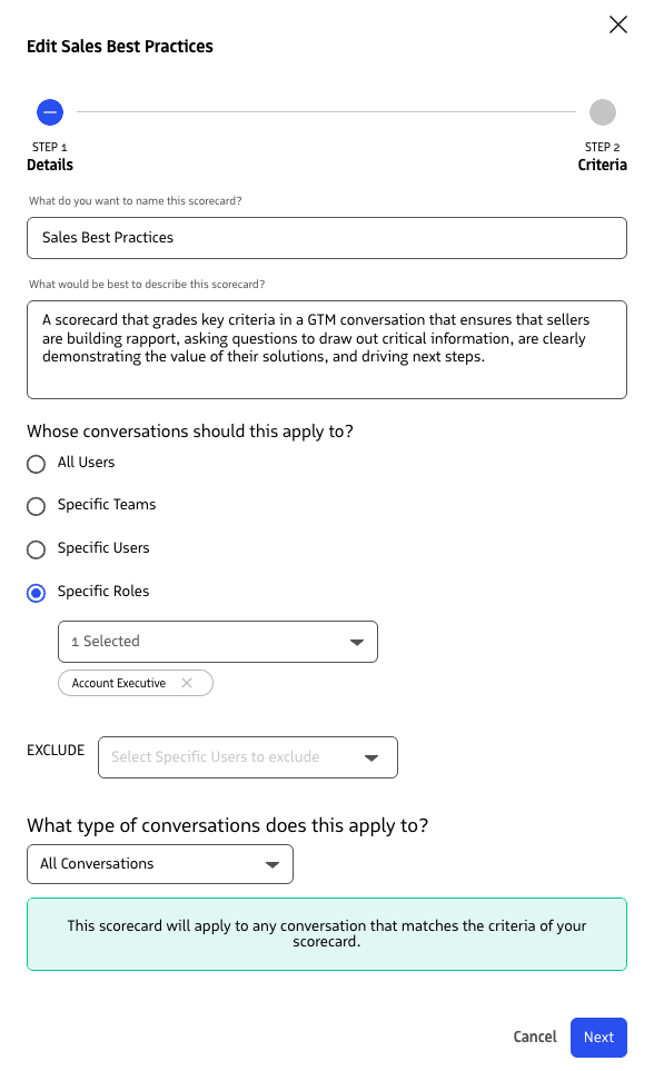 Scorecard edit flow with steps and criteria.